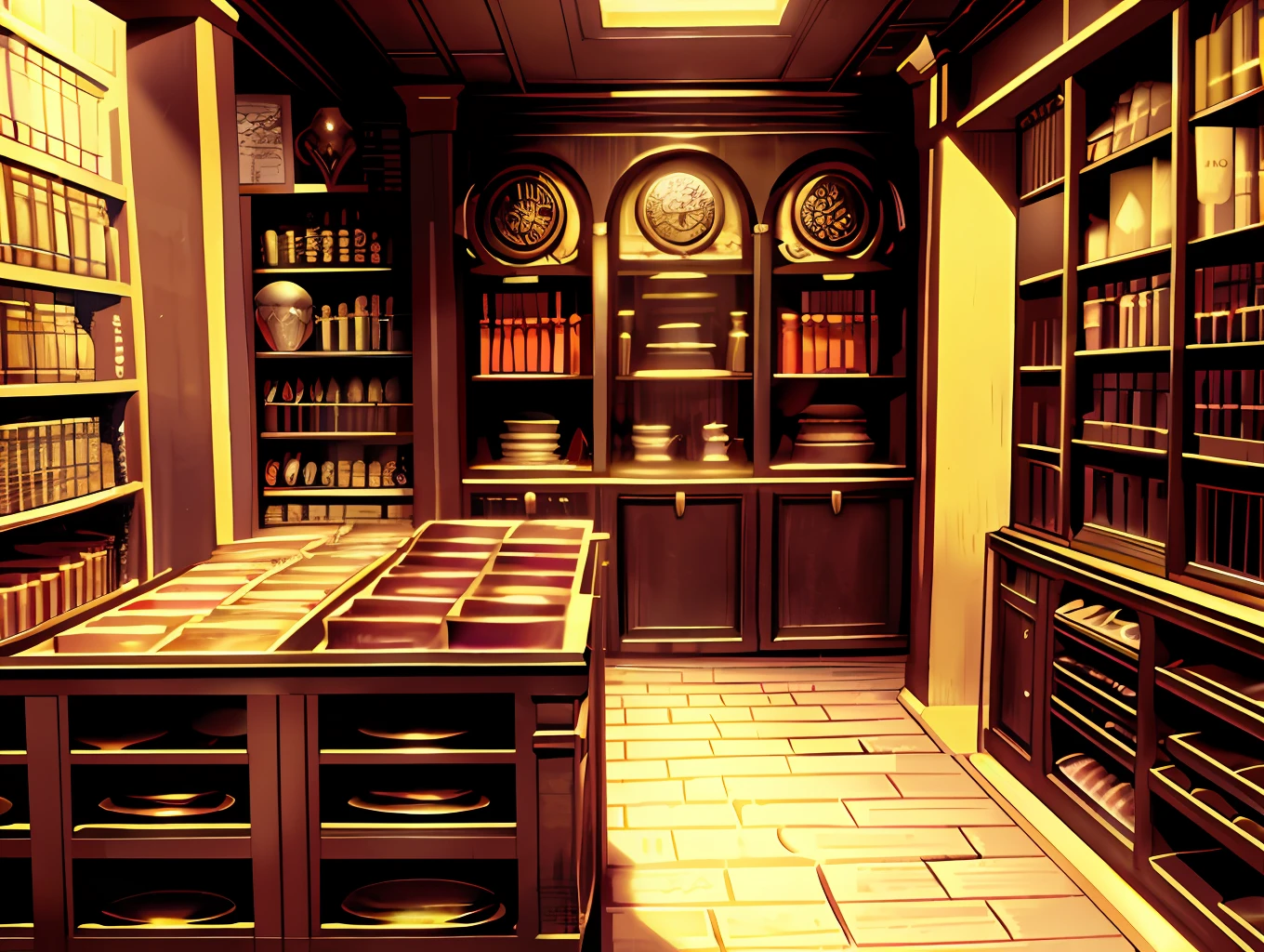 historical setting magic store inside, front view, harry potter, DIAGON ALLEY, textured, maximum detail, peltate plate, no people