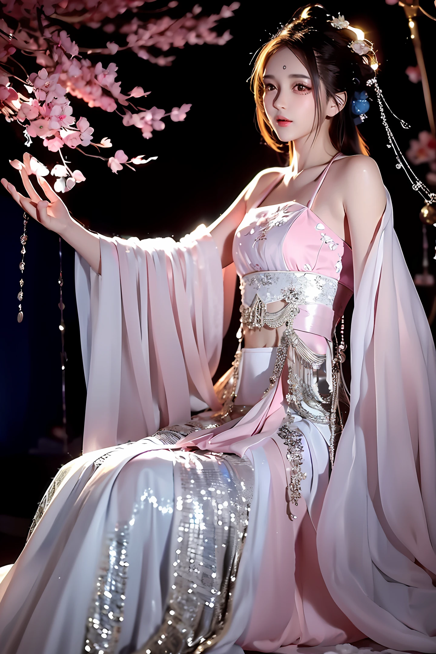 There is a girl in a pink dress, plum blossoms, palaces, oriental architecture ray tracing, {best quality}, {{masterpiece}}, extremely detailed 8K wallpaper, {an extremely delicate and beautiful}, colorful, intricately detailed, Realistic, real, camera quality, (detailed depiction of clothes), cool white skin, (detailed depiction of blush), 1080p, sun, soft cuteness, smooth light silver hair, messy beauty, lighting, broken feeling, bright and silky skin , 3D stereoscopic, masterpiece, best quality, super fine illustration, beautiful eyes, very fine light, fine glow, very fine 8K CG wallpaper, peach eyes, red pupils, an extremely delicate and beautiful girl, 8k Wallpaper, best quality, full body close-up, white long dress, luxurious silky bright red chiffon floodlight (magic, glitter, ultra-thin, soft,) Hanfu