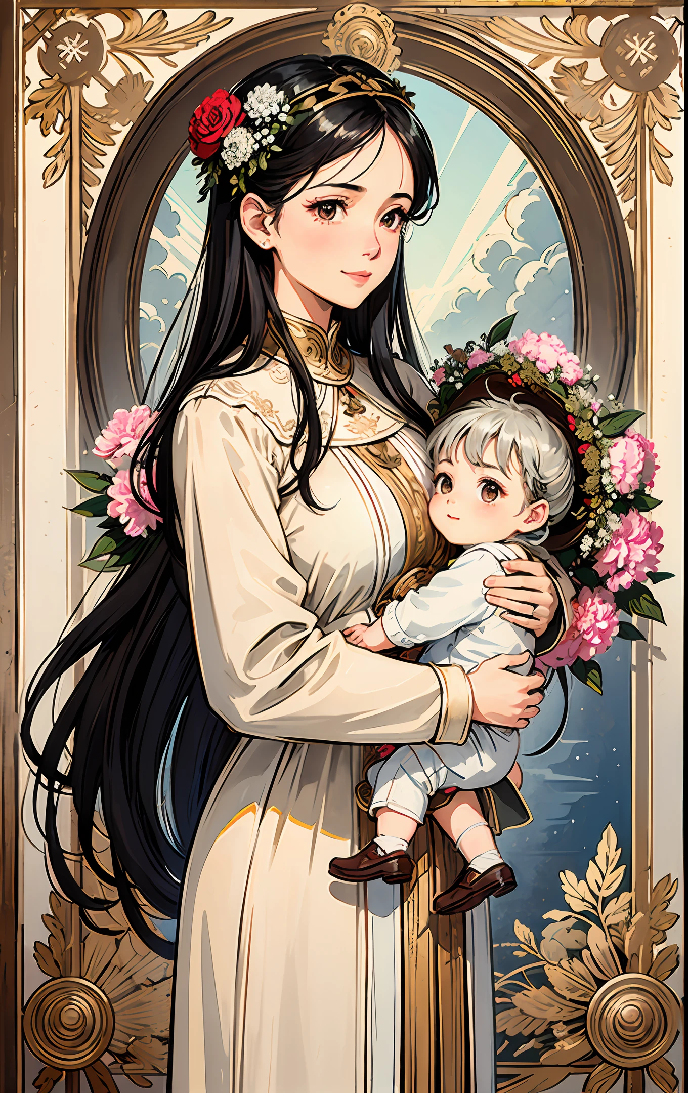 (A poster design), a middle-aged woman, holding her , pulling her hair in an oval flower frame, smiling, looking at her child, surrounded by artistic wreaths, beautiful and detailed eyes, shiny hair, transparent Visible through hair, black hair, brown eyes, women, family clothes, right hand outstretched, right hand gently touching her child, reflected light from the sun, silver metal, brilliance, Soviet style, diffuse reflection, metallic texture, sea of stars, high profile, imposing Majestic, head surrounded by carnations