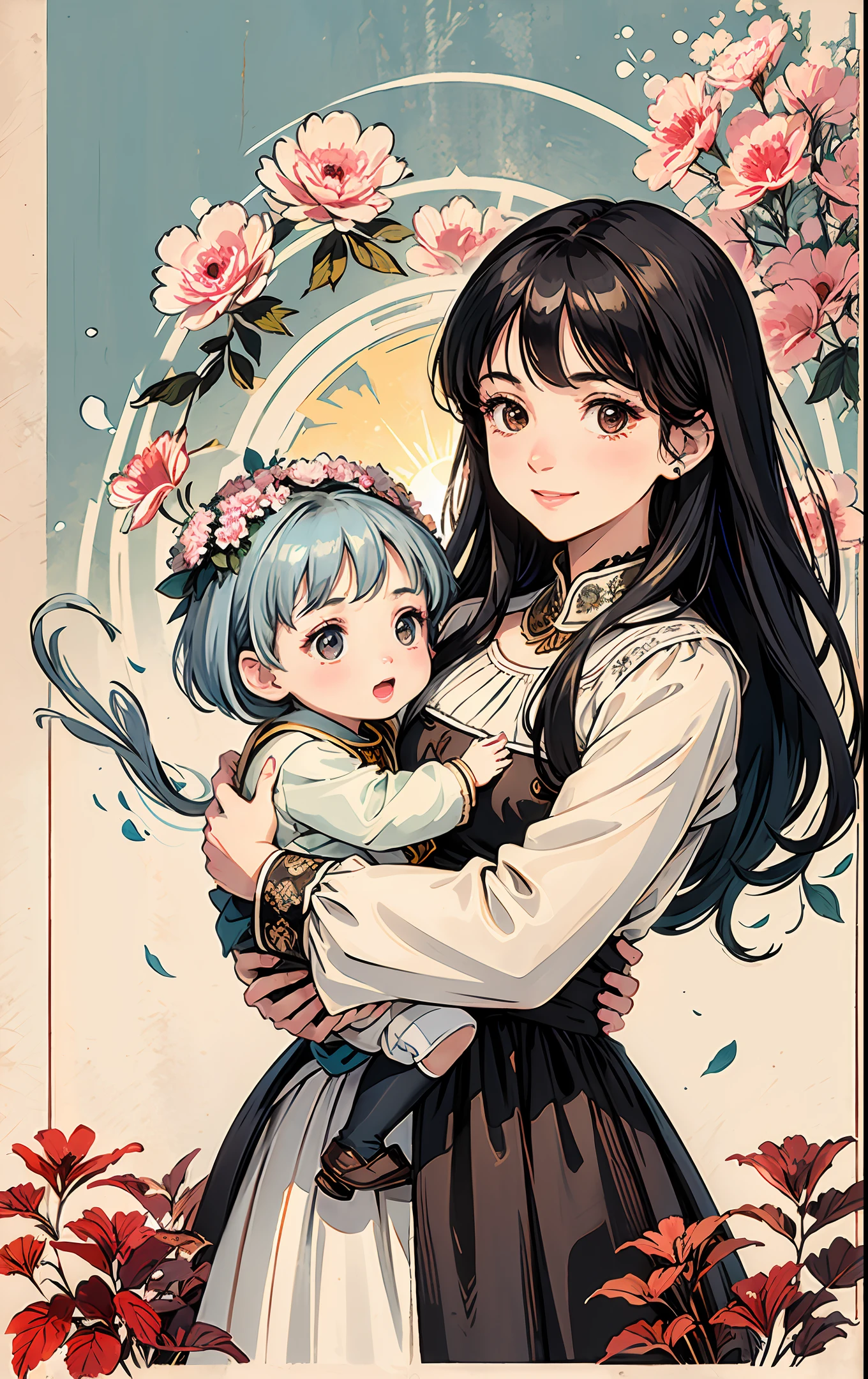 (A poster design), a middle-aged woman, holding her child, pulling her hair in an oval flower frame, smiling, looking at her child, surrounded by artistic wreaths, beautiful and detailed eyes, shiny hair, transparent Visible through hair, black hair, brown eyes, women, family clothes, right hand outstretched, right hand gently touching her child, reflected light from the sun, silver metal, brilliance, Soviet style, diffuse reflection, metallic texture, sea of stars, high profile, imposing Majestic, head surrounded by carnations