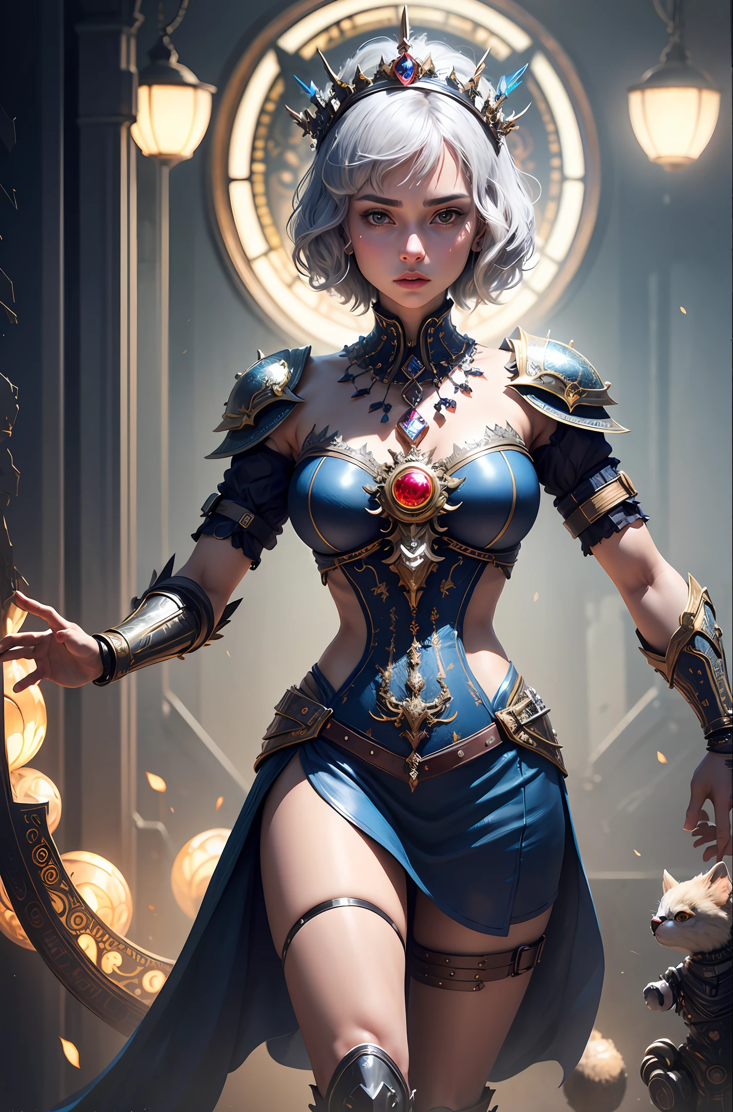 masterpiece, high quality, 3d, 8k cg, intricate details, detailed background, sacred. ornaments, byDylanKowalski, ((1girl)), upper body, muscular, skindentation, looking to the side, short hair, prosthesis, mechanical arms, synthetic skin, porcelain, pearl, holographic, titanium, diamond, ruby, sapphire, gemstones, clockwork, grunge, worn edges, armor,