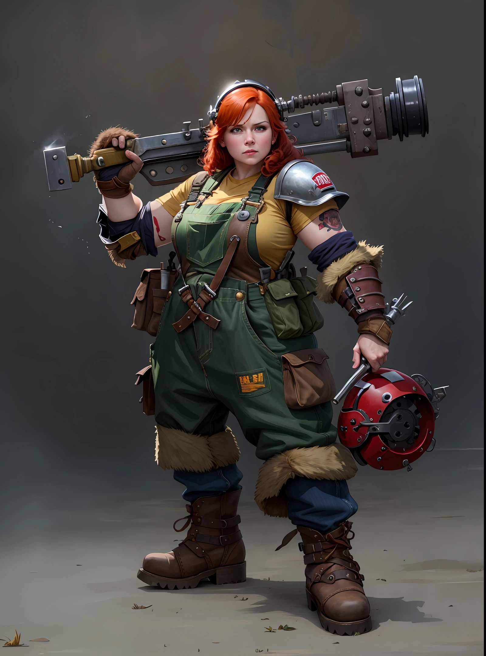 (8k, RAW photos, best quality, proficiency: 1.2), (fidelity, reuthentic: 1.37), a western woman, red hair, a game character, strong, dismissive expression, rough face shape, five fingers , woman engineer, overalls, leather boots, shoulder armor, tattoo, holds wrench, gloves, repairman, helmet in hands