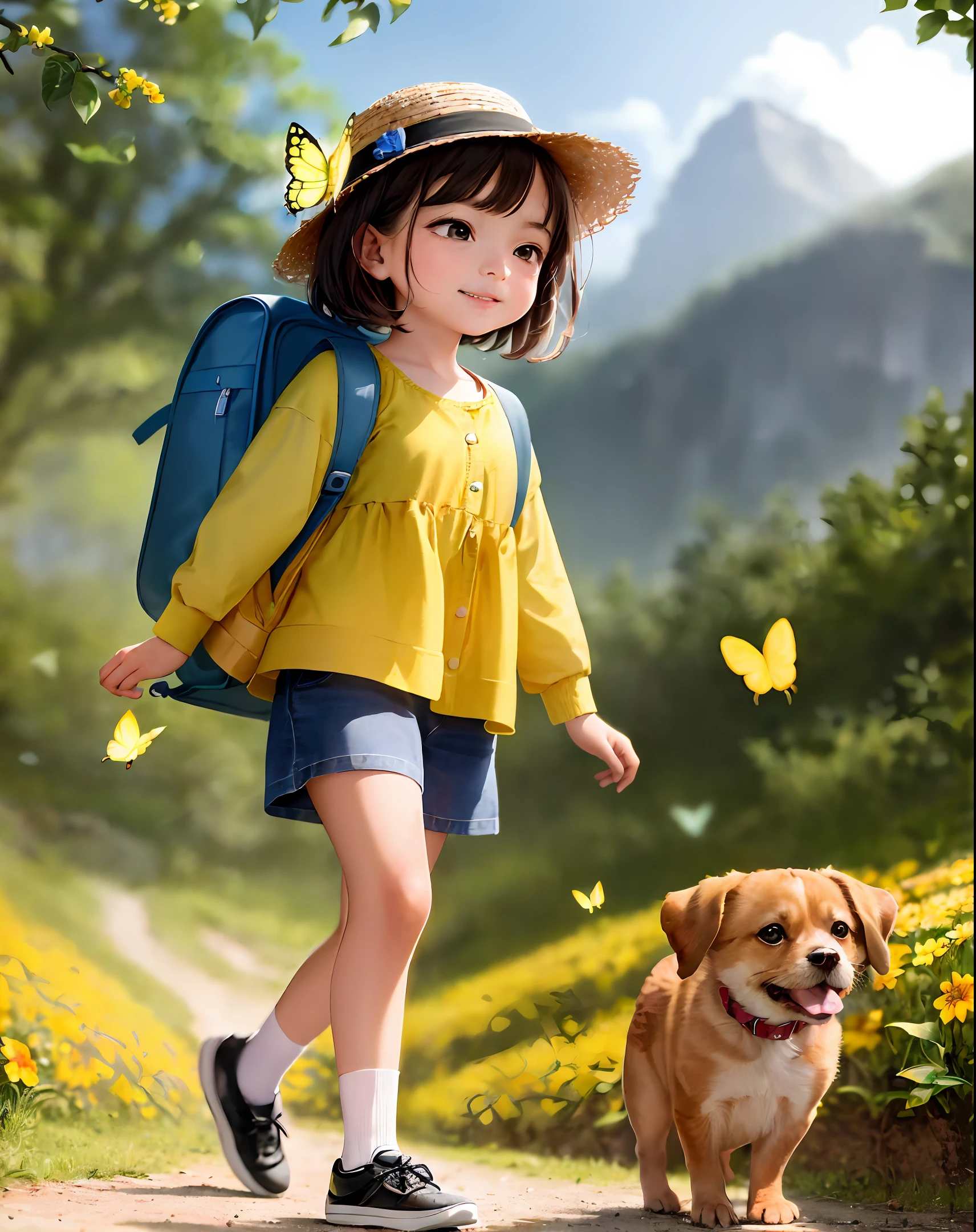 An incredibly charming *********** carrying a backpack, accompanied by her pet turtle enjoying a lovely spring outing surrounded by beautiful colorful flowers and natural scenery. The illustration is in high definition at 4k resolution, with highly-detailed facial features and cartoon-style visuals, (Butterfly Dance)