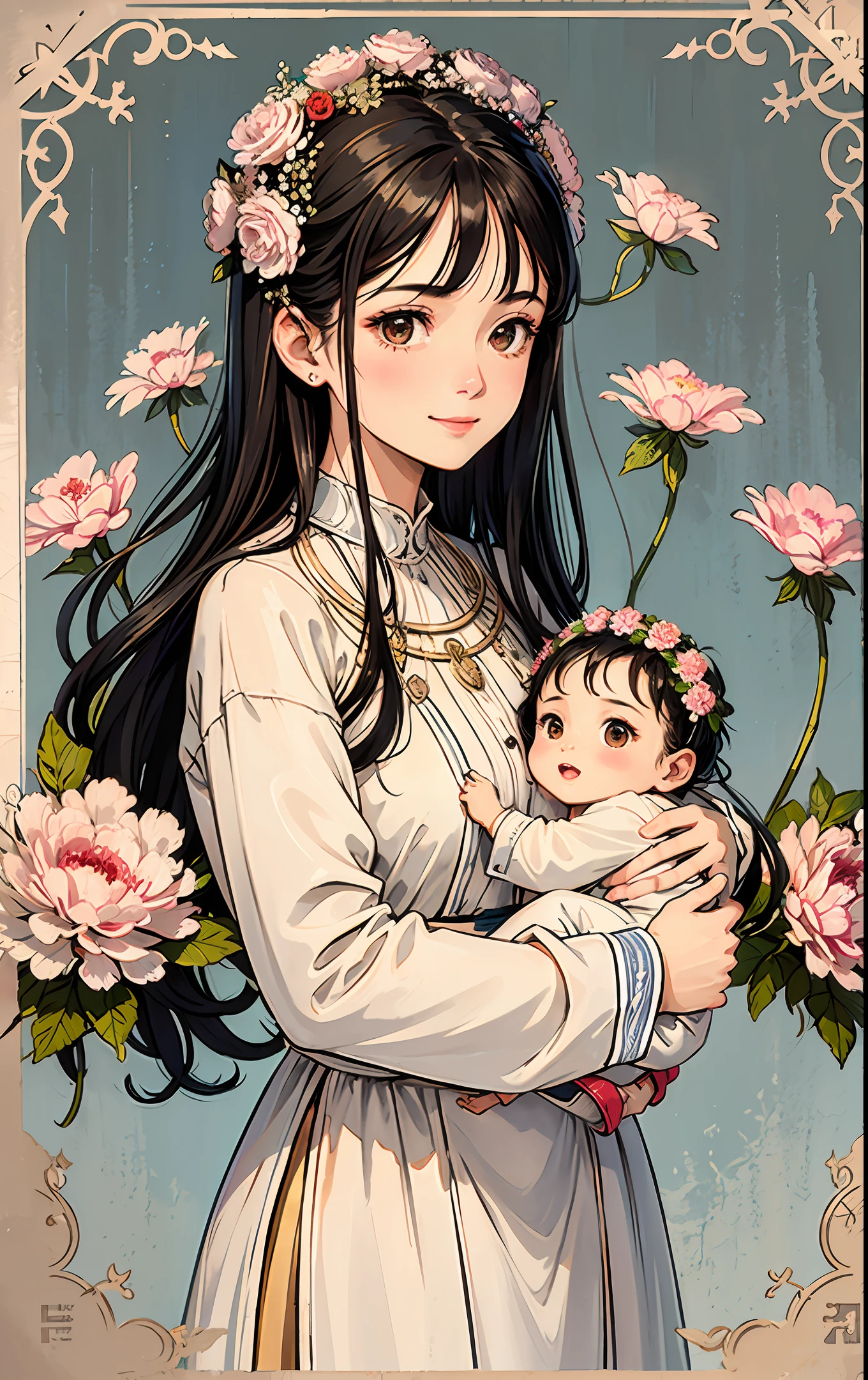 (A poster design), a middle-aged woman, holding her child, pulling her hair in an oval flower frame, smiling, looking at her child, surrounded by artistic wreaths, beautiful and detailed eyes, shiny hair, transparent Visible through hair, black hair, brown eyes, women, family clothes, right hand outstretched, right hand gently touching her child, reflected light from the sun, silver metal, brilliance, Soviet style, diffuse reflection, metallic texture, sea of stars, high profile, imposing Majestic, head surrounded by carnations