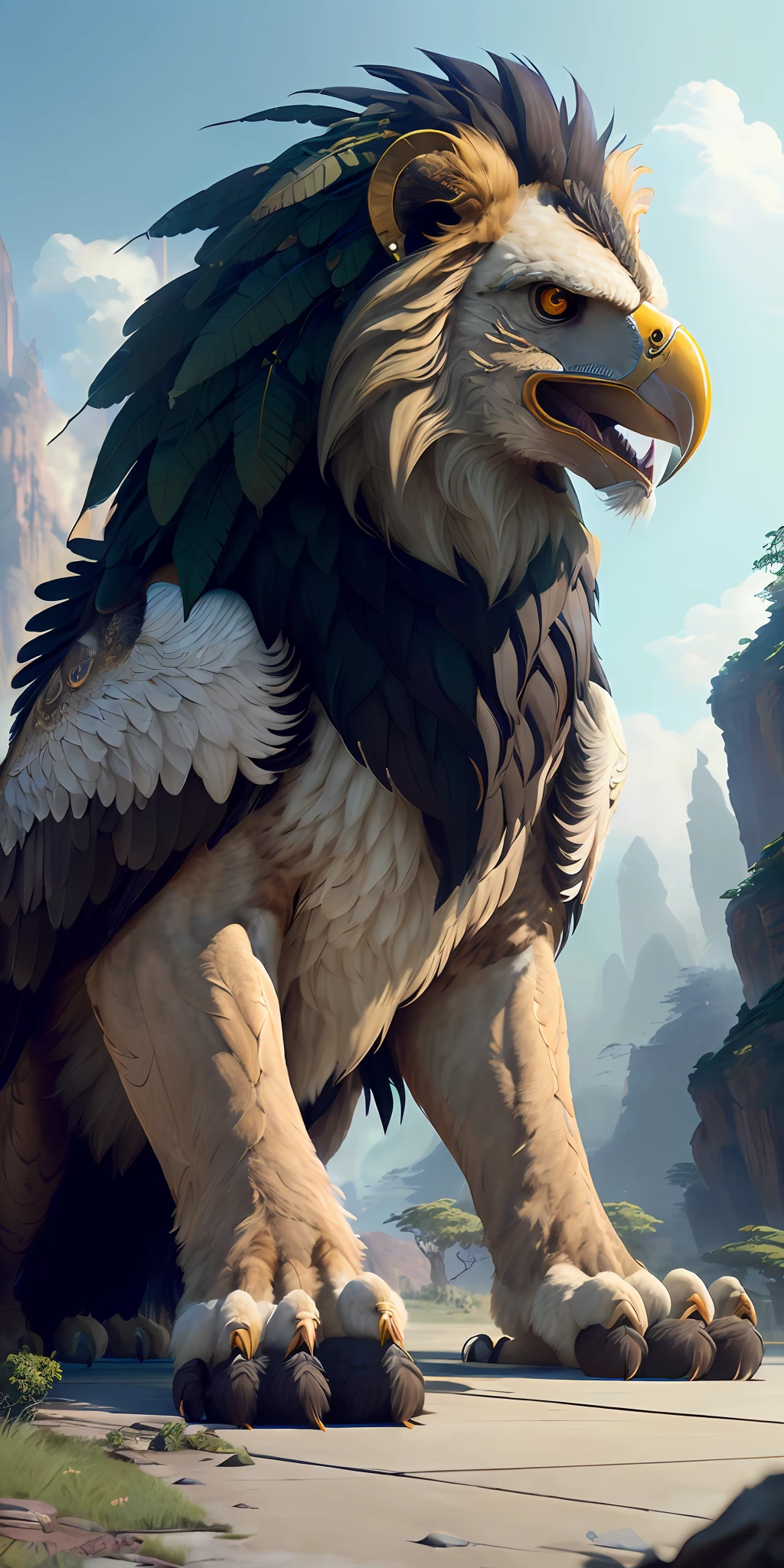 huge wings, eagle head, ( (huge curved beak)), lion body, lion mane, four legs, wings on the back, ((huge spread wings)), scary beautiful, ((beautifully detailed griffin)) ((extremely detailed wallpaper CG Unity 8k), professional majestic oil painting by Ed Blinky, Athea Geilan, Studio Ghibli, Jeremy Mann, Greg Manches, Antonio Moro, ArtStation Featured, CGSociety Featured, Intricate, High Detail, Sharp Focus, Midjourney and Greg Rutkowski Dramatic Photorealistic Painting .