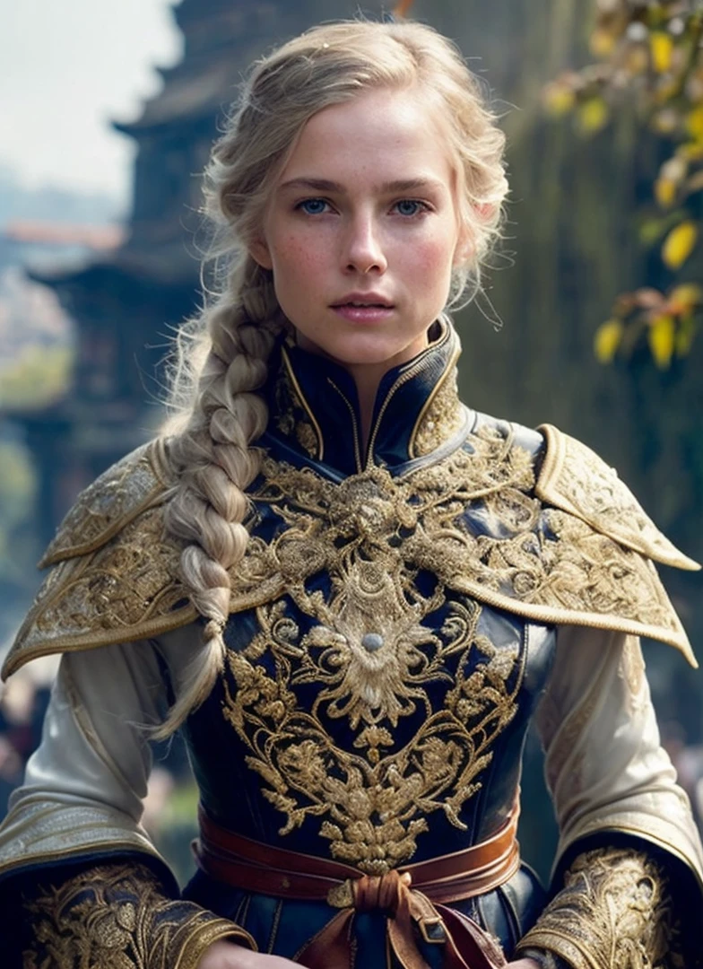 Extremely detailed RAW photo, full body, walking pose, slow motion, (rogue thief:1.1) european female wearing full body rich (leather armor:1.2),
(light embroidered silk cloak), (fabrics with intricate pattern:1.2), (insanely detailed, bloom:1.2), (highest quality, Alessandro Casagrande,
Greg Rutkowski, Sally Mann, 4k), (analog:1.3), (high sharpness), (detailed pupils:1.2), detailed face and eyes, Masterpiece, best quality, (highly detailed photo:1.2), 8k,hyperrealistic, (long blonde
Hair, short stylish haircut, ecstatic:1.1), (young woman:1.2), By jeremy mann, by sandra chevrier, by maciej kuciara, sharp, (perfect
body:1.1), real shadow, (temple ruins and vines background:1.1)