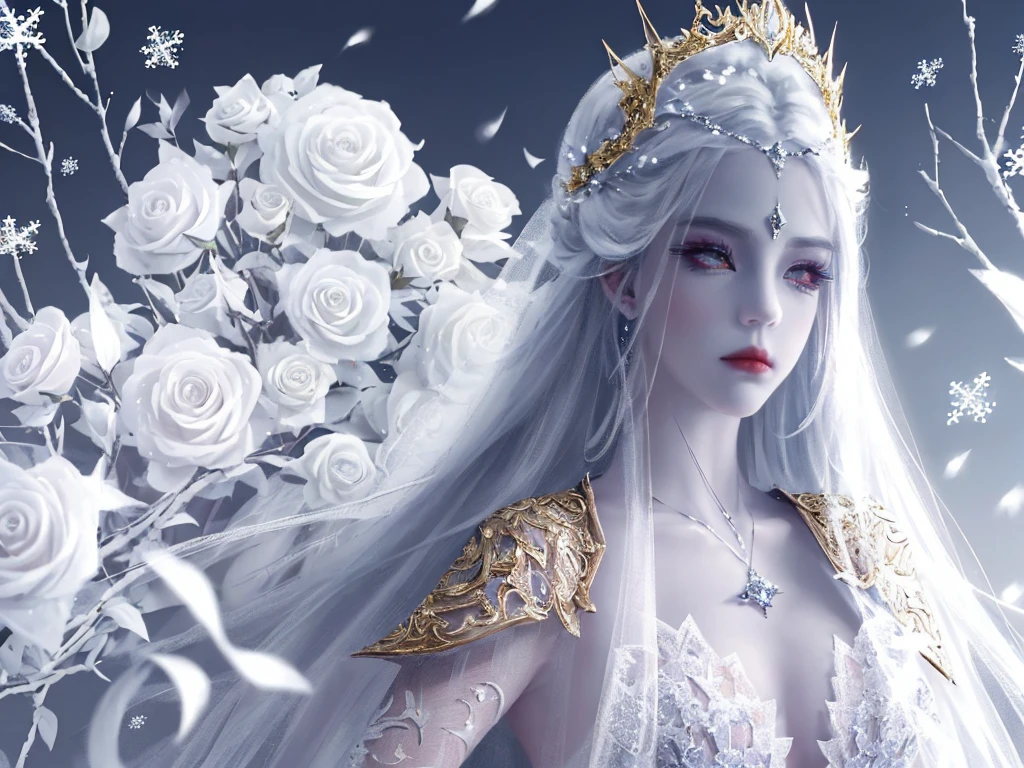 (unparalleled masterpiece), sidelighting, (perfect face:1.1),(stunningly beautiful Male Vampire),(long White voluminous hair),(intricate details),goth Renaissance,White eyes, (white Roses background),detailed texture,(a realistic representation of a detailed male Diamond shaped face),(full lips),approaching perfection,ultra high definition,8k resolution,(ethereal),white suit, aesthetic,dynamic,glowing,glamour,(glimmer),arched eyebrows,(perfect proportion),snowflakes,Gold,(full body),perfect anatomy,Lace,backlit,smooth,sharp focus,dreamy,fantastical,shadows