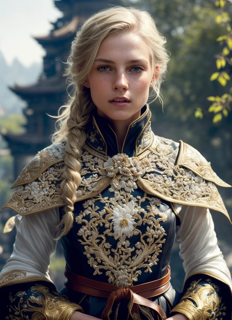 Extremely detailed RAW photo, full body, walking pose, slow motion, (rogue thief:1.1) european female wearing full body rich (leather armor:1.2),
(white embroidered silk cloak), (fabrics with intricate pattern:1.2), (insanely detailed, bloom:1.2), (highest quality, Alessandro Casagrande,
Greg Rutkowski, Sally Mann, 4k), (analog:1.3), (high sharpness), (detailed pupils:1.2), detailed face and eyes, Masterpiece, best quality, (highly detailed photo:1.2), 8k,hyperrealistic, (long blonde
Hair, short stylish haircut, ecstatic:1.1), (young woman:1.2), By jeremy mann, by sandra chevrier, by maciej kuciara, sharp, (perfect
body:1.1), real shadow, (temple ruins and vines background:1.1)