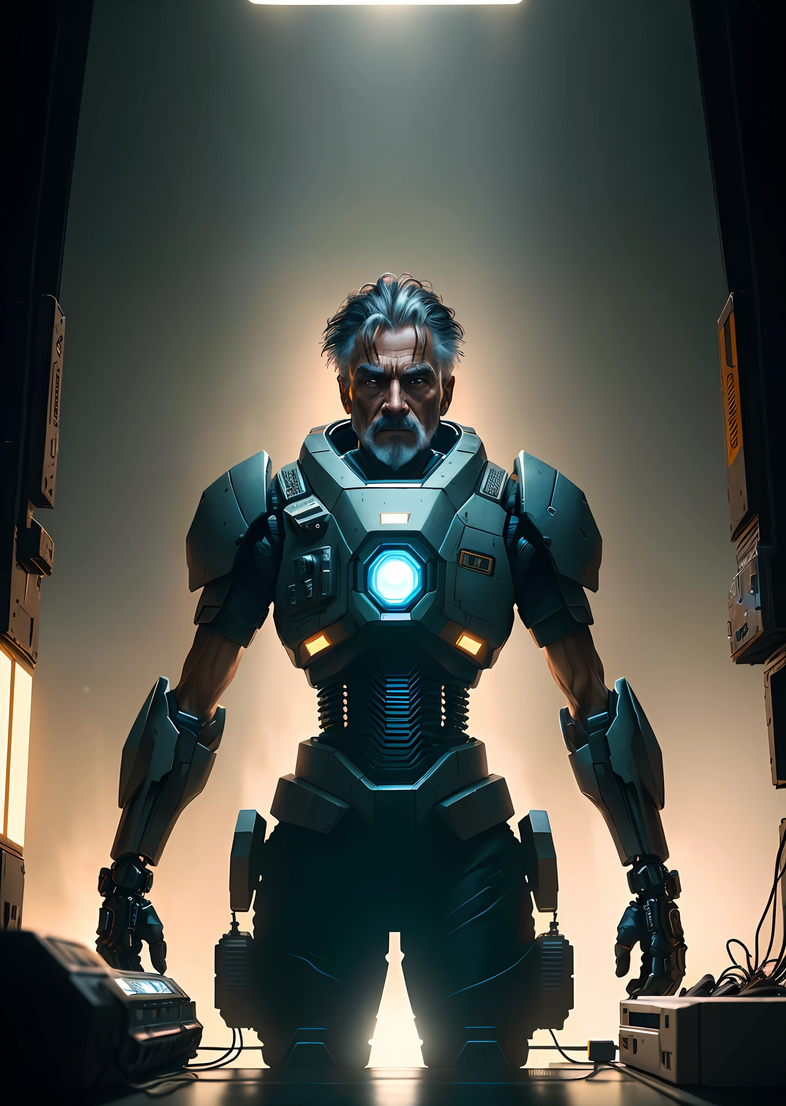 Award Winning (Portrait Photo: 1.4) Rugged Dark Sci-Fi Spaceship with Robotic Joints, Middle-Aged Male, Style-Cupola, Electronic Circuitry, Control Panel Glittering in Foreground, Science Fiction, Action, Darkness, Tools on Background Floor, Backlight, ( shallow depth of field: 1.5), taken by lee jeffries nikon d850 film stock photograph 4 kodak portra 400 camera f1.6 lens rich colors hyper reality lifelike texture dramatic lighting unreal engine trending on artstation cinestill 800 (vignette:1.3), filmgrain