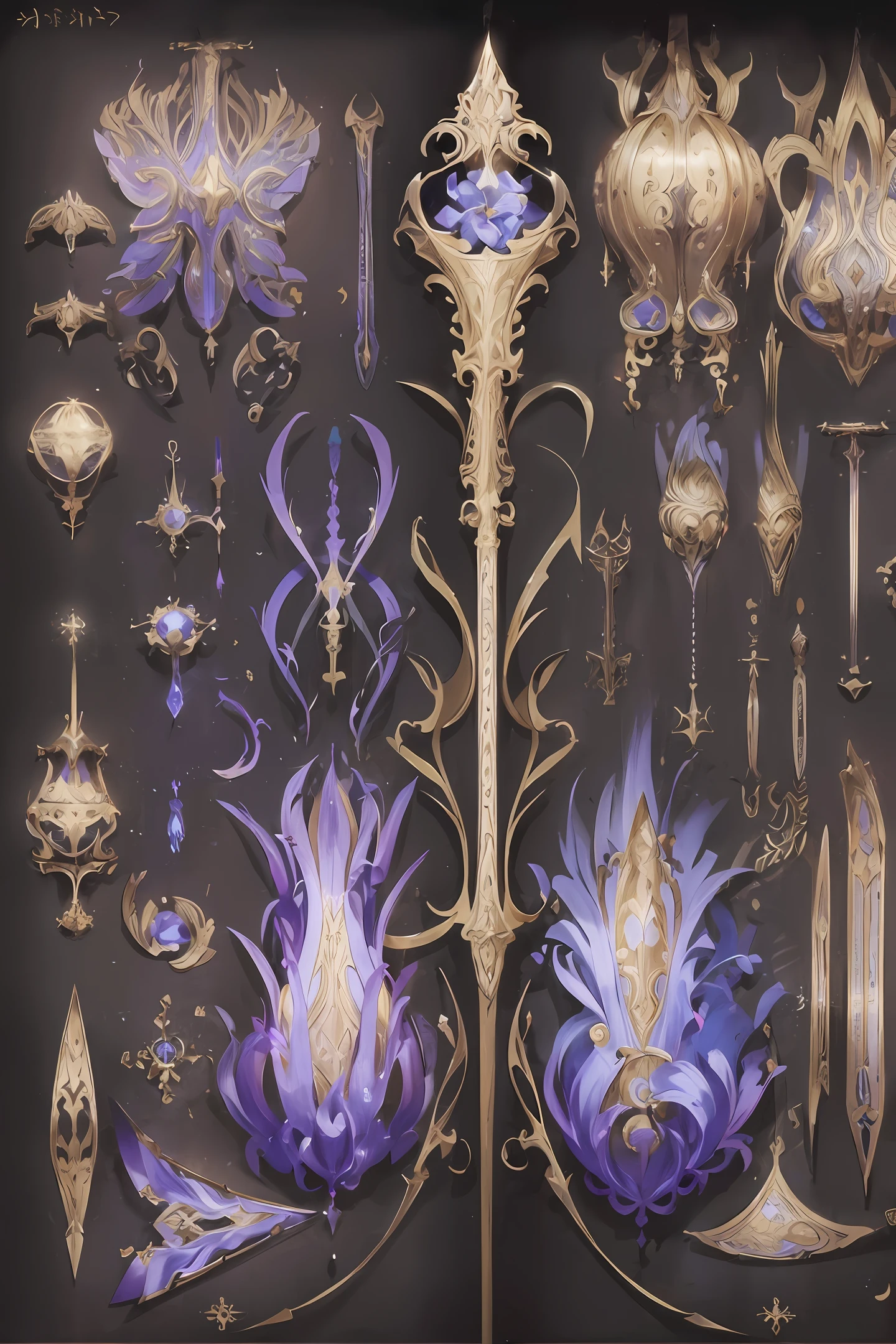 Weapon design tables, concept art, (Magic Wand), Dark, flame decoration, ((film)), (subtle lighting), (perfect shadows), (gorgeous), (perfect proportions), (intricate details)
