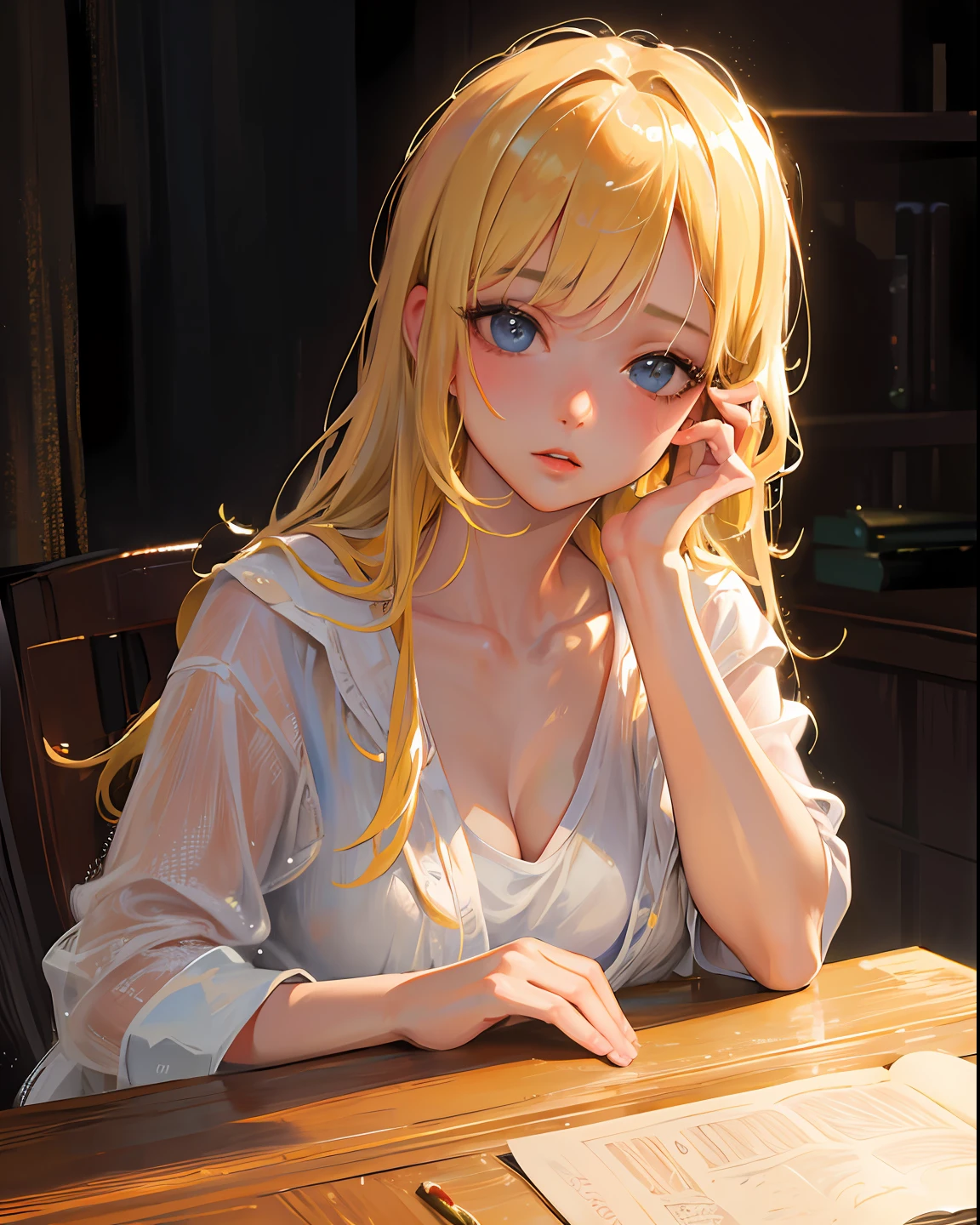 Best quality, masterpiece, ultra high res, (photorealistic:1.4), raw photo, 1girl, blonde hair, shiny skin, dramatic lighting