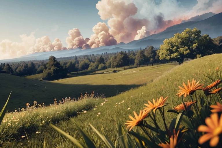 Scenery is a small patch of grass and flowers in the middle of a battlefield, fire, smoke, destruction