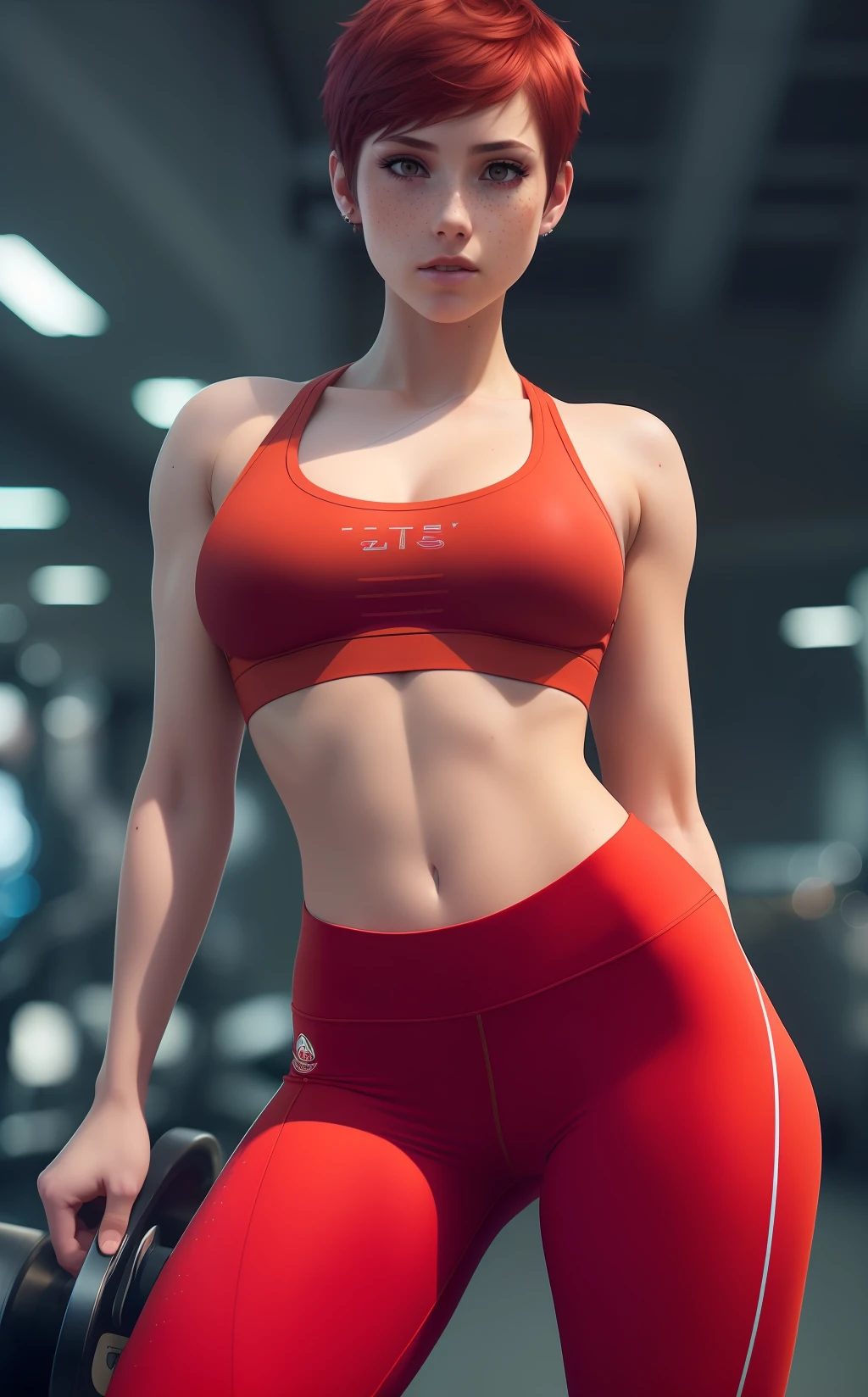 full length frame, High detail RAW color art, animation, cartoon, (sport gym on background), (((red slim sport topic))),
leggings, (elegant, beautiful face), piercing, (freckles), thick thighs, (((cute fitness girl))), magical atmosphere, ((short hair)), pubic hair, (detailed skin, skin texture), (intricately detailed, fine details, hyperdetailed), raytracing, subsurface scattering, ((muted colors)), diffused soft lighting, shallow depth of field, by (Oliver Wetter), photographed on a Sony ɑ6000, 18mm lens, F/2.8, sharp focus bokeh