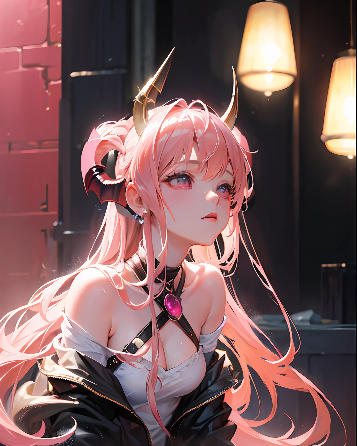 Best quality, masterpiece, ultra high res, (photorealistic:1.4), raw photo, 1girl, pink hair, shiny skin, dramatic lighting, (fantasy), vampire, cute horns, magic