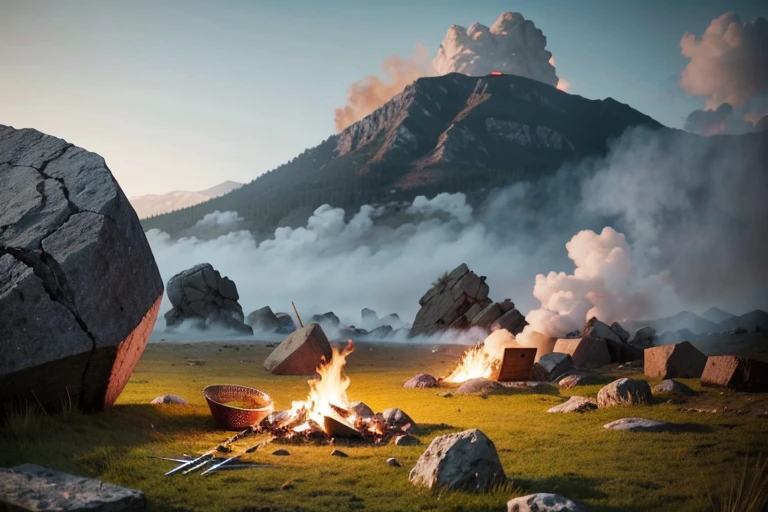 A rock sitting in the middle of a medieval battle field, fire, smoke, destruction, broken swords and spears sticking on field, burned wagons, shape of dead bodies