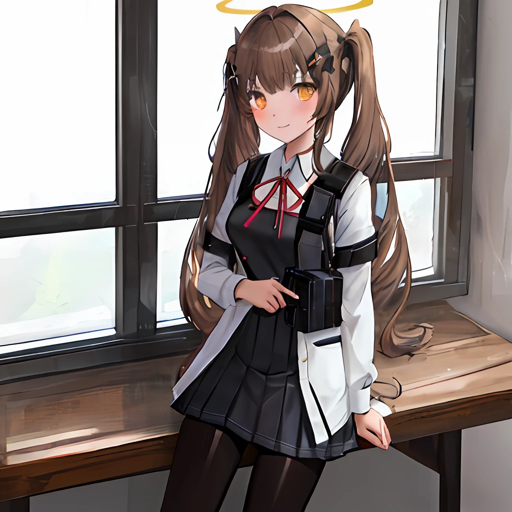 igirl, solo, school uniform, long hair, looking_at_viewer, blush, skirt, ribbon, twintails, yellow_eyes, pantyhose, bag, black_pantyhose, low_twintails, light_brown_hair, halo,