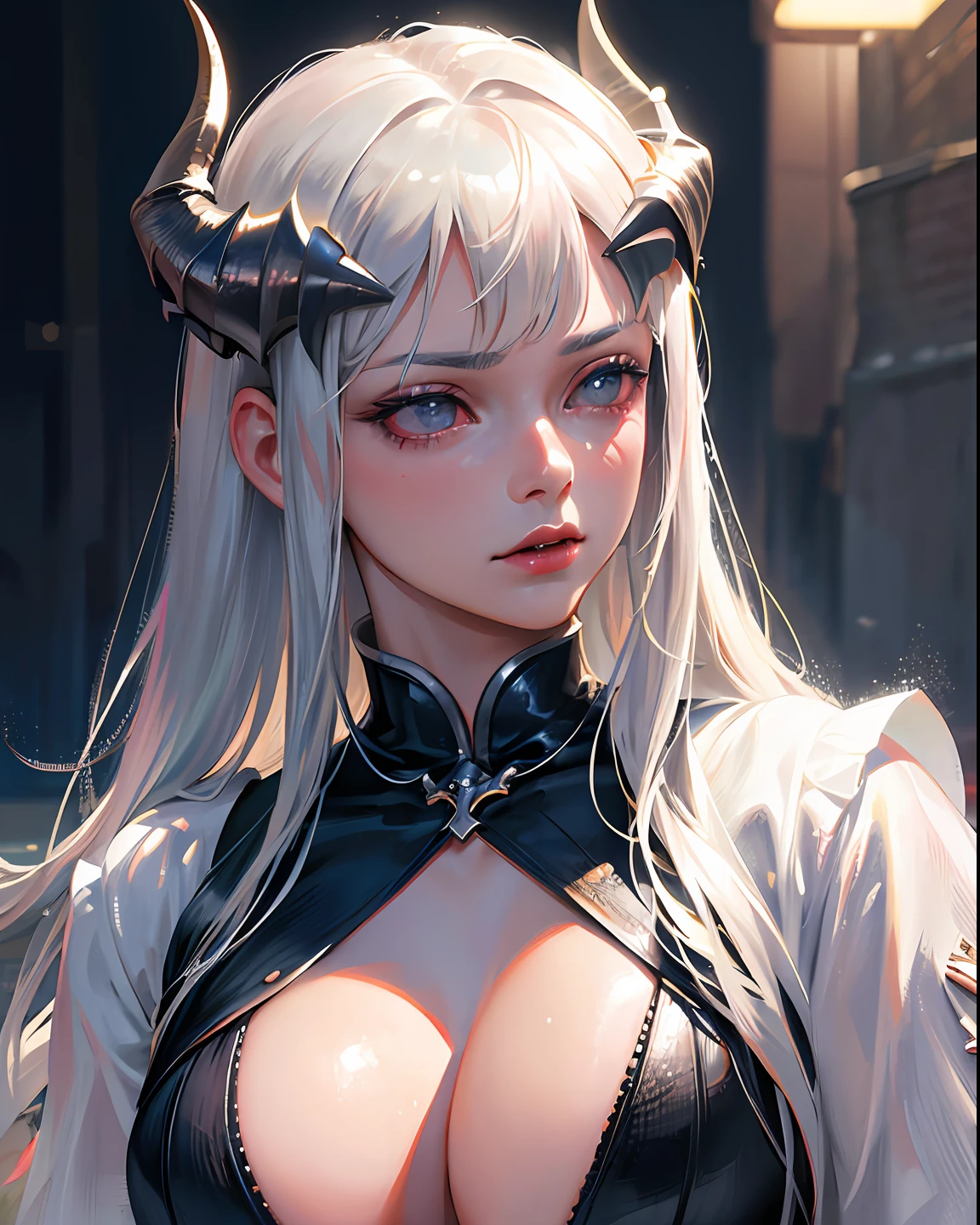 Best quality, masterpiece, ultra high res, (photorealistic:1.4), raw photo, 1girl, silver hair, shiny skin, dramatic lighting, (fantasy), vampire, cute horns, magic