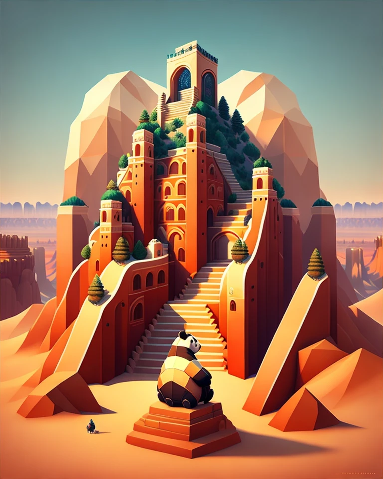 panda standing on the great wall, art station trend, monument valley, level design, low poly, isometric art, 3d art, high detail, art station, concept art, behavior, ray tracing, smooth, sharp focus, ethereal lighting
