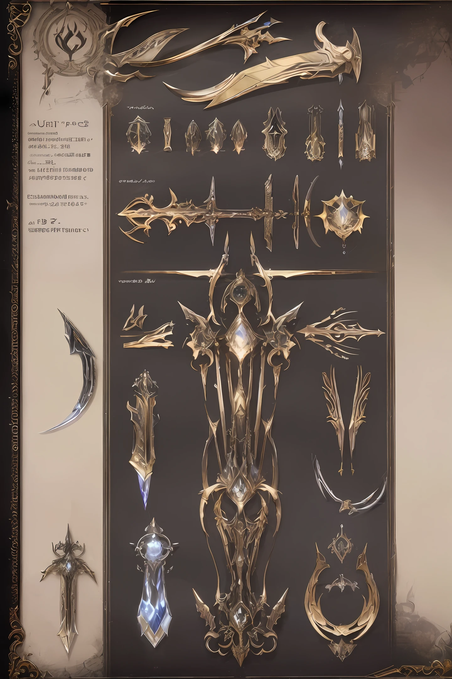 a close up of a picture of a bunch of different items, from lineage 2, fantasy artifacts, armor elements, grimoire page, concept artbook, final fantasy artwork concept, weapons concept art, super detail of each object, weapons and armors, weaponry concept designs, from ncsoft, shop window for magical weapons, warcraft blizzard weapon art, hair ornaments