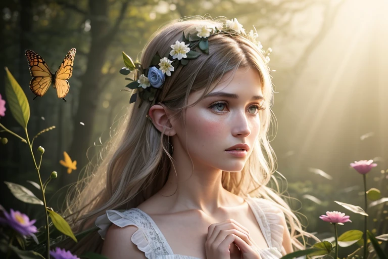 (8k, RAW photo, realistic, photo-realistic, hyper-realistic, highest quality, best quality, masterpiece, highly detailed, absurdres:1.2),
([Emily Browning:Gemma Arterton:0.5]), 1 elven , 1 girl, fairy, fantasy,
mushroom circle, surrounded by flowers, delicate features, silver hair, glowing blue eyes, mystical aura, angry expression, tears, delicate features, hand on heart, surrounded by woodland creatures, hair adorned with flowers, wearing a translucent sundress, surrounded by butterflies, surrounded by birds, surrounded by sunlight,
(flowers:1.1), floating petals,
(ultra-detailed 16k skin texture with slight imperfections:1.2),
Cerulean and Emerald colour palette,
ultra-sharp focus, shallow depth of field, Diffused lighting , Radiant light rays, Macro Photography , Volumetric Fog