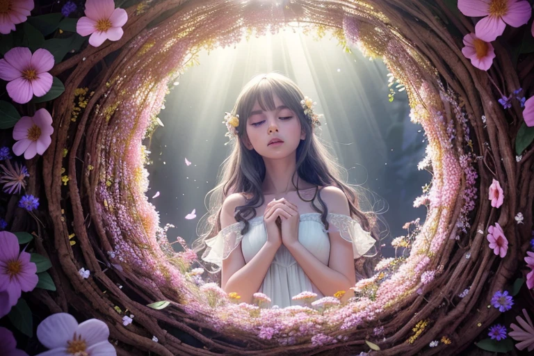 From above, look up, (8k, RAW photo, realistic, photo-realistic, hyper-realistic, highest quality, best quality, masterpiece, highly detailed, absurdres:1.2),
1 elven , 1 girl, fairy, fantasy,
mushroom circle, surrounded by flowers, delicate features, silver hair, glowing blue eyes, mystical aura, angry expression, tears, delicate features, hand on heart, surrounded by woodland creatures, hair adorned with flowers, wearing a translucent sundress, surrounded by butterflies, surrounded by birds, surrounded by sunlight,
(flowers:1.1), floating petals,
(ultra-detailed 16k skin texture with slight imperfections:1.2),
Cerulean and Emerald colour palette,
ultra-sharp focus, shallow depth of field, Diffused lighting , Radiant light rays, Macro Photography , Volumetric Fog