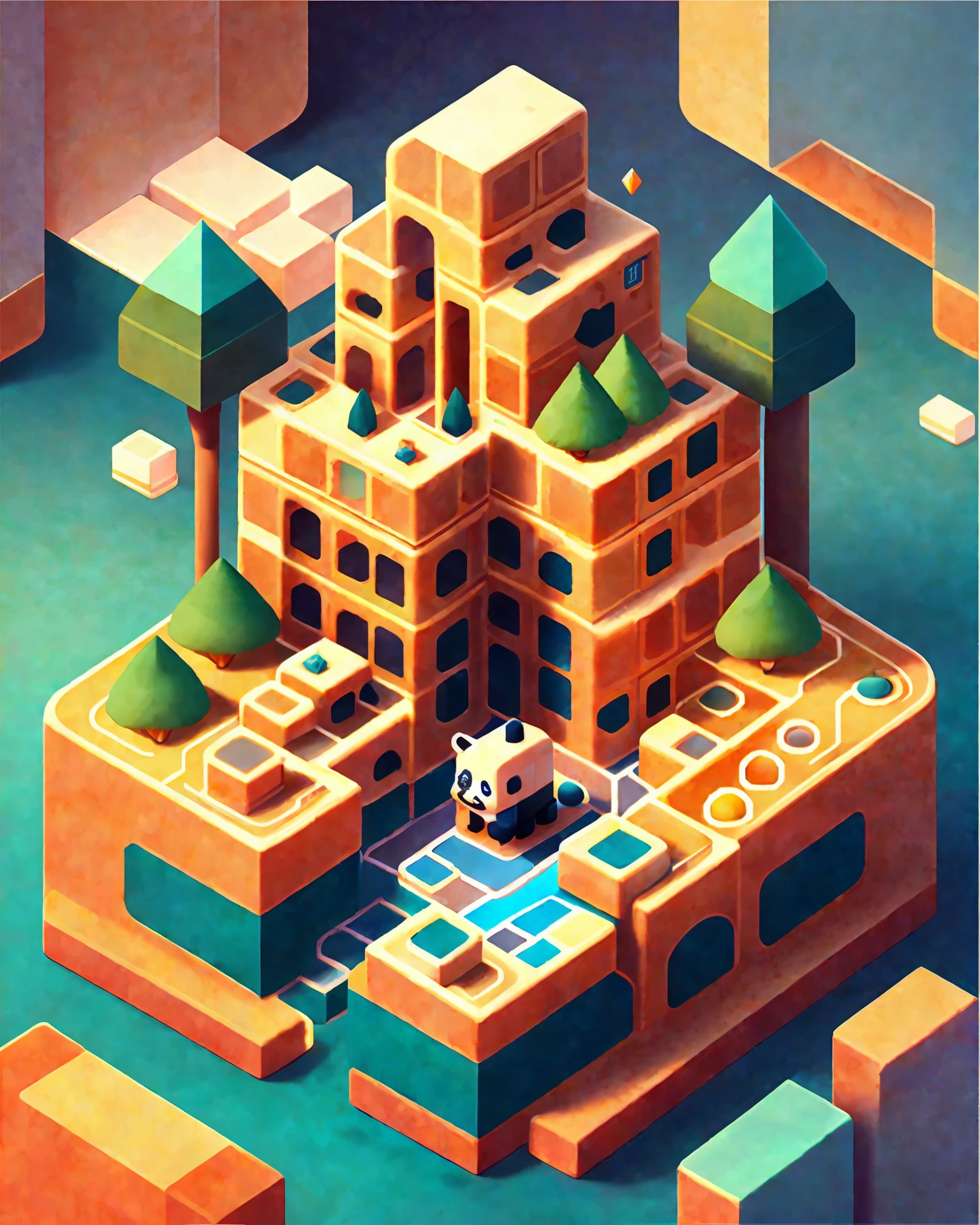cube panda eating hot pot on a puzzle map, art station trend, monument valley, level design, low poly, isometric art, 3d art, high detail, art station, concept art, behavior, ray tracing, smoothing, sharp focus, ethereal lighting