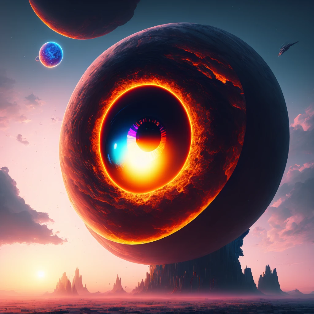 A illustration, digital painting, concept art, huge eye floating in the sky, fantasy, hyperrealistic, artstation, expansive, sci-fi, insanely complex, detailed, colorgrading, neon, 8k, HD, highly detailed, volumetric lighting, hard shadows, cinematic lighting, glowing light, as a t-shirt logo in the style of art