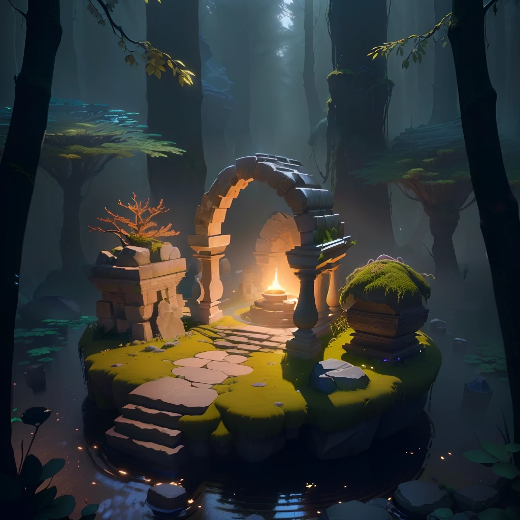 Masterpiece, best quality, (extremely detailed CG unified 8k wallpaper), (best quality), (best illustration), (best shadow), a circular stone platform with damage, a small amount of moss, isometric 3D, octane rendering, ray tracing, ultra detailed