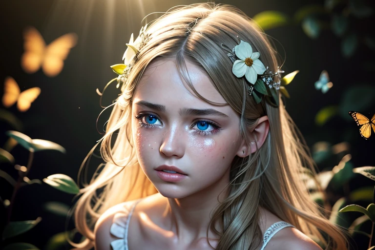 From above, look up, (shot from 2 meters away), 8k, RAW photo, realistic, photo-realistic, hyper-realistic, highest quality, best quality, masterpiece, highly detailed, absurdres:1.2), 1 elven , 1 girl, fairy, fantasy, mushroom circle, delicate features, silver hair, glowing blue eyes, mystical aura, angry expression, ((tears)), delicate features, a dirt stain on face, surrounded by woodland creatures, hair adorned with flowers, wearing a translucent sundress, surrounded by butterflies on fire, surrounded by sunlight, (rotten flowers:1.1), floating petals, (ultra-detailed 16k skin texture with slight imperfections:1.2), yellow and blue colour palette, ultra-sharp focus, shallow depth of field, Diffused lighting , Radiant light rays, Macro Photography , Volumetric Fog