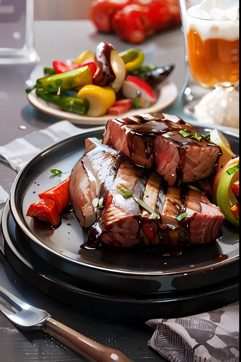 Grilled steak and vegetables with beer on a plate,steak is burnt,realistic and fine details,professional food photography,high quality food photography,eating meat,beef,juicy meat,professional food photo,best,succulent,stunning Mouthwatering, ground red meat, grill, by Julian Hatton, meat, photography foodie Lisa Nankivil, food advertising 4k, high quality photo, portrait shoot, high quality food photography, professional food photography, beauty shoot, food photography&quot;, Brazil Man, shot with sony alpha 1 camera, closeup food photography, juicy meat, dark background, depth of field, good quality