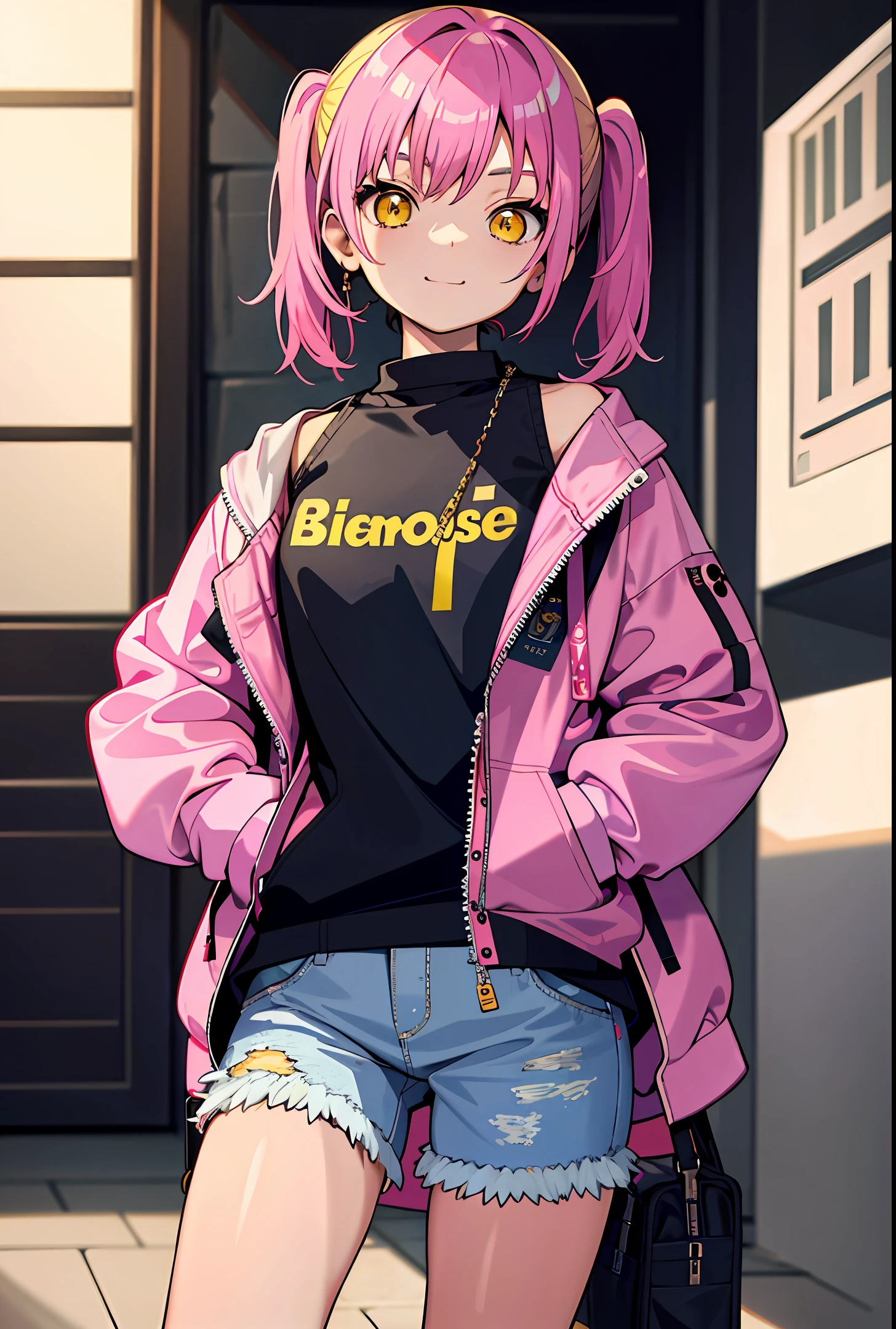 masterpiece, absurdres, depth of field, indoors, 1girl, smug, pink short hair pigtails, jacket, vivid, short jeans, yellow eyes