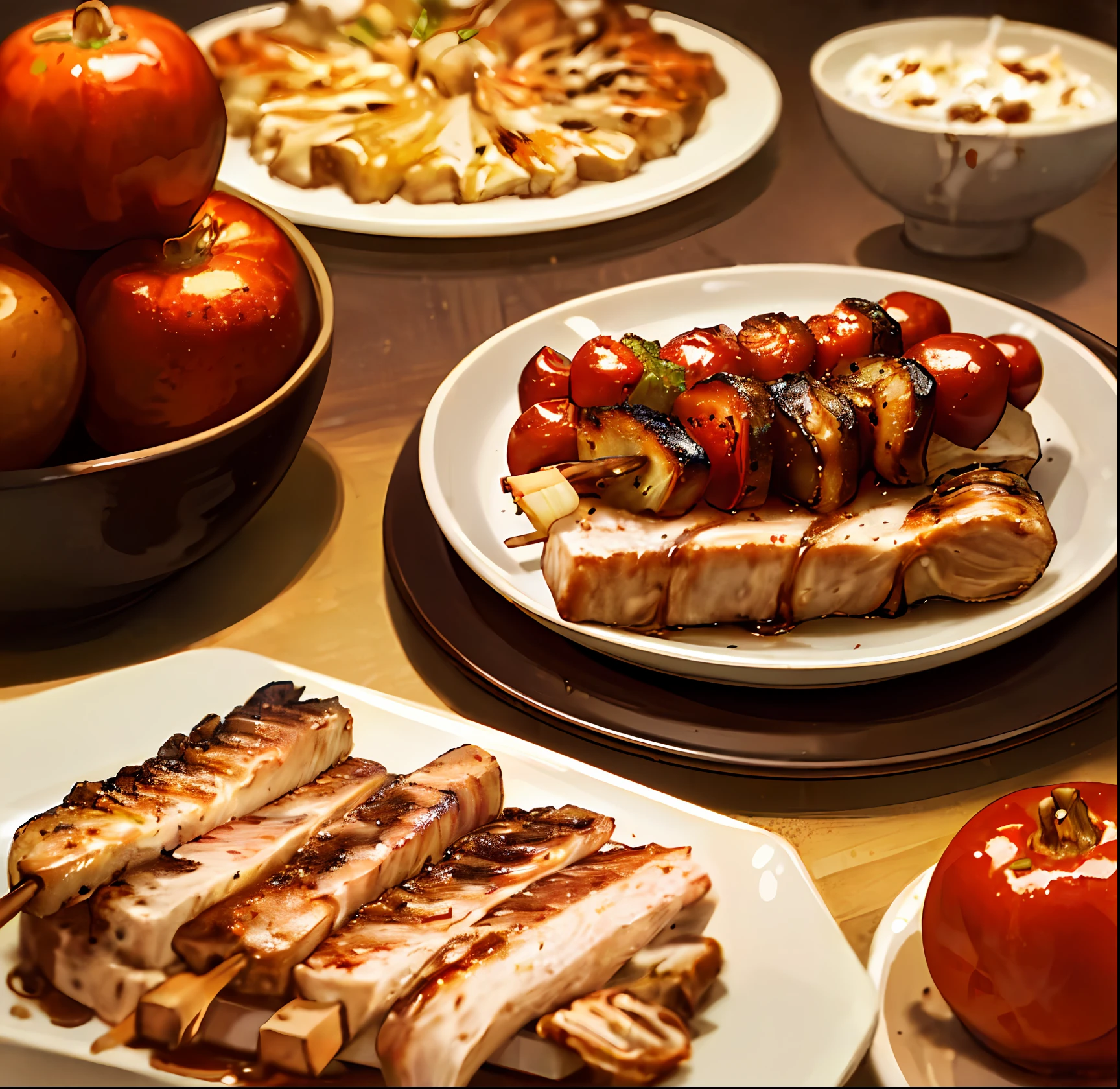 (best quality: 1.4) 8K, gourmet, animation, grilled, onion, kebab, (burning carbon: 1.5), paprika, fruit background in the distance, background blur, kebab,