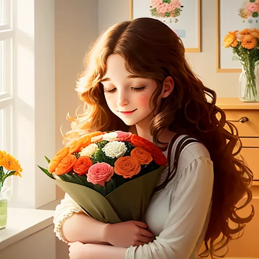 Mother's day poster, flat illustration, lovely child sending flowers to beautiful mother with big wavy hair, shining big ryes, background in a warm home, perspective, light and dark contrast, warm colors, bright background