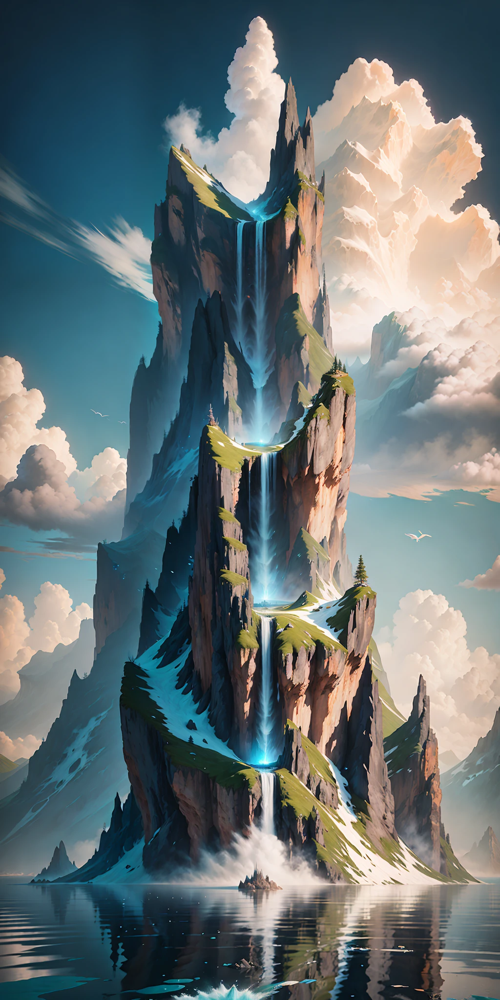 there is a waterfall coming out of a mountain in the ocean, a detailed matte painting inspired by jessica rossier, Artstation contest winner, fantasy art, epic matte painting of an island, tall mountain, 4k highly detailed digital art, 4 k vertical wallpaper, 4k vertical wallpaper, 4 k detail fantasy, matte painting 4k 8k, 8 k matte painting