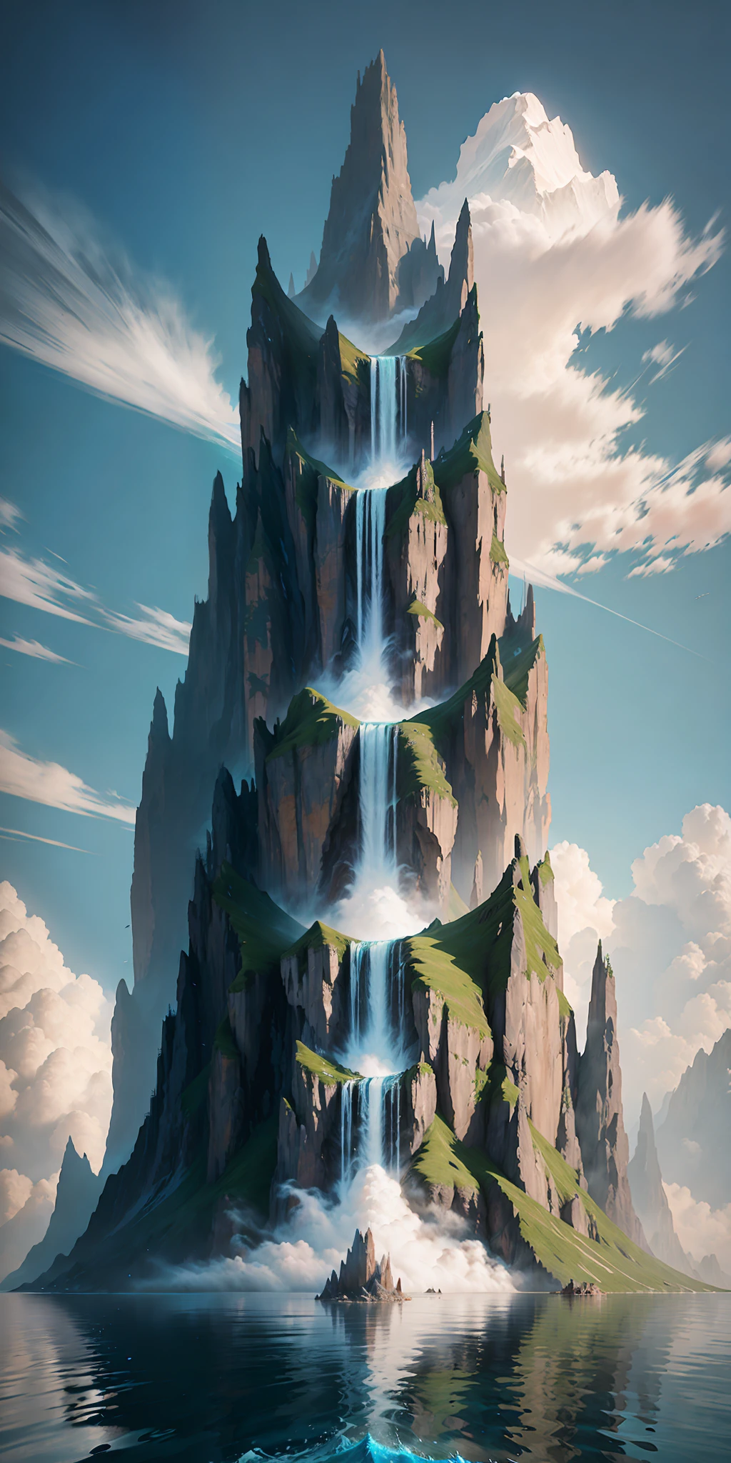 there is a waterfall coming out of a mountain in the ocean, a detailed matte painting inspired by jessica rossier, Artstation contest winner, fantasy art, epic matte painting of an island, tall mountain, 4k highly detailed digital art, 4 k vertical wallpaper, 4k vertical wallpaper, 4 k detail fantasy, matte painting 4k 8k, 8 k matte painting