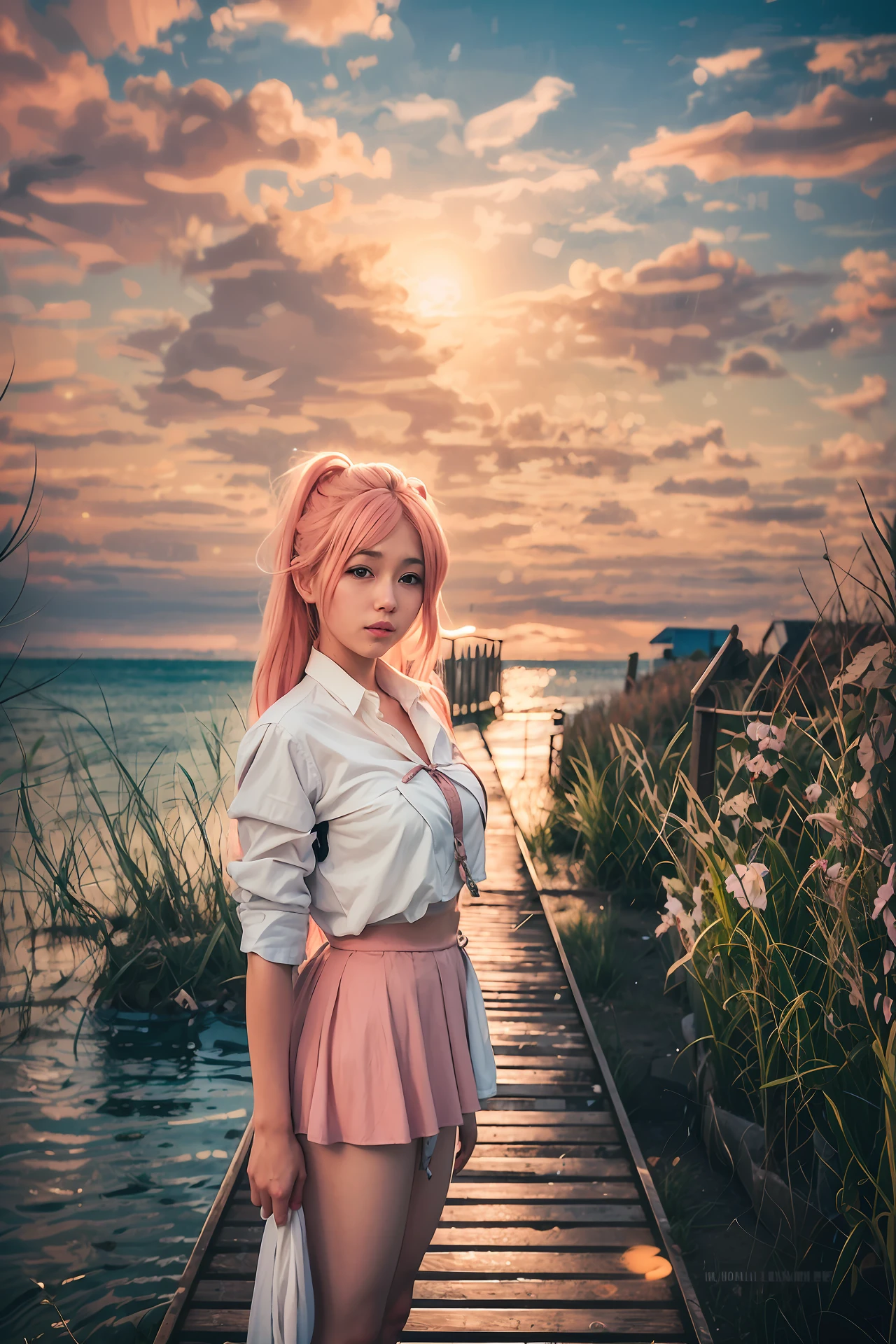 Beautiful light and shadow effect, soft sunset, sunset, photography, masterpiece, best quality, 8K, HDR, highres, absurdres:1.2, RAW photo, Kodak portra 400, film grain, blurry background, bokeh:1.2, lens flare, (vibr ant color:1.2), (realistic:1.2), (masterpiece),original,highres, unparalleled masterpiece, ultra realistic 8k, , CG unity 8k wallpaper with ultra-high quality and ultra-high definition, there is a person on the side of the boardwalk ahead A cute pink-haired girl, her style is mixed with the styles of artists such as Amy Thor, belle delphine, sakimichan hdri, etc., especially the hair part is cosed with the style of the anime girl haruno sakura, her expression is like that of an anime girl in real life, and the location Set near the pier, it has a creative style of Taiyō Matsumoto that leaves an aftertaste.