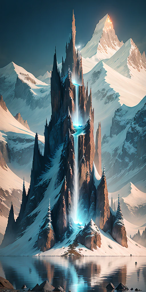 There is a waterfall flowing from a snow mountain in the ocean, perfect reflection, clear water, extremely beautiful effect. It can be called a masterpiece of the world. A detailed matte painting inspired by Jessica Rossier, Artstation contest winner, detail enhancement, fantasy art, epic matte painting of an island, mountains, 4k highly detailed digital art, 4k vertical wallpaper, 4k vertical wallpaper, 4k detail fantasy, matte painting 4k 8k, 8k matte painting