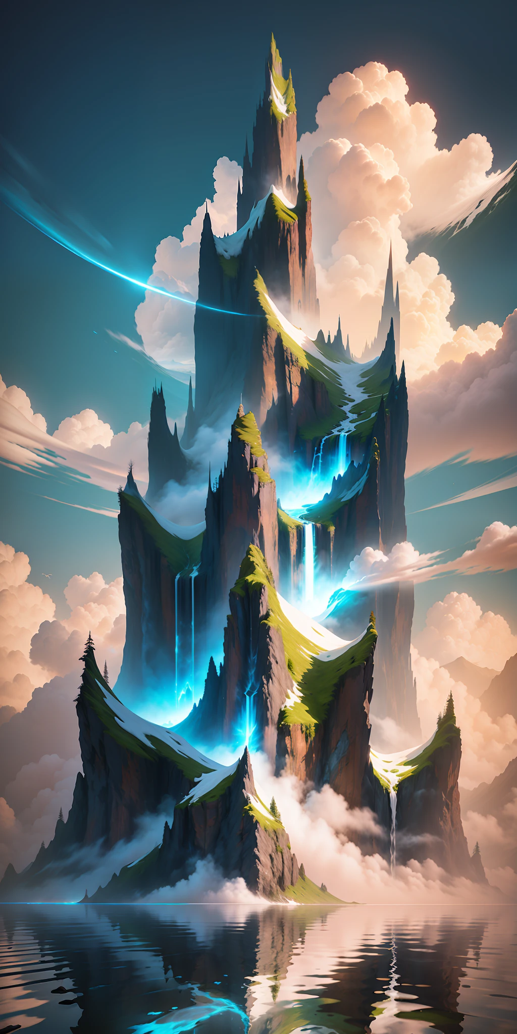 There is a waterfall flowing from a mountain in the ocean, perfect reflection, clear water, surrounded by clouds and mist, like a fairyland, extremely beautiful effect. It can be called a masterpiece of the world. A detailed matte painting inspired by Jessica Rossier, Artstation contest winner, detail enhancement, fantasy art, epic matte painting of an island, mountains, 4k highly detailed digital art, 4k vertical wallpaper, 4k vertical wallpaper, 4k detail fantasy, matte painting 4k 8k, 8k matte painting