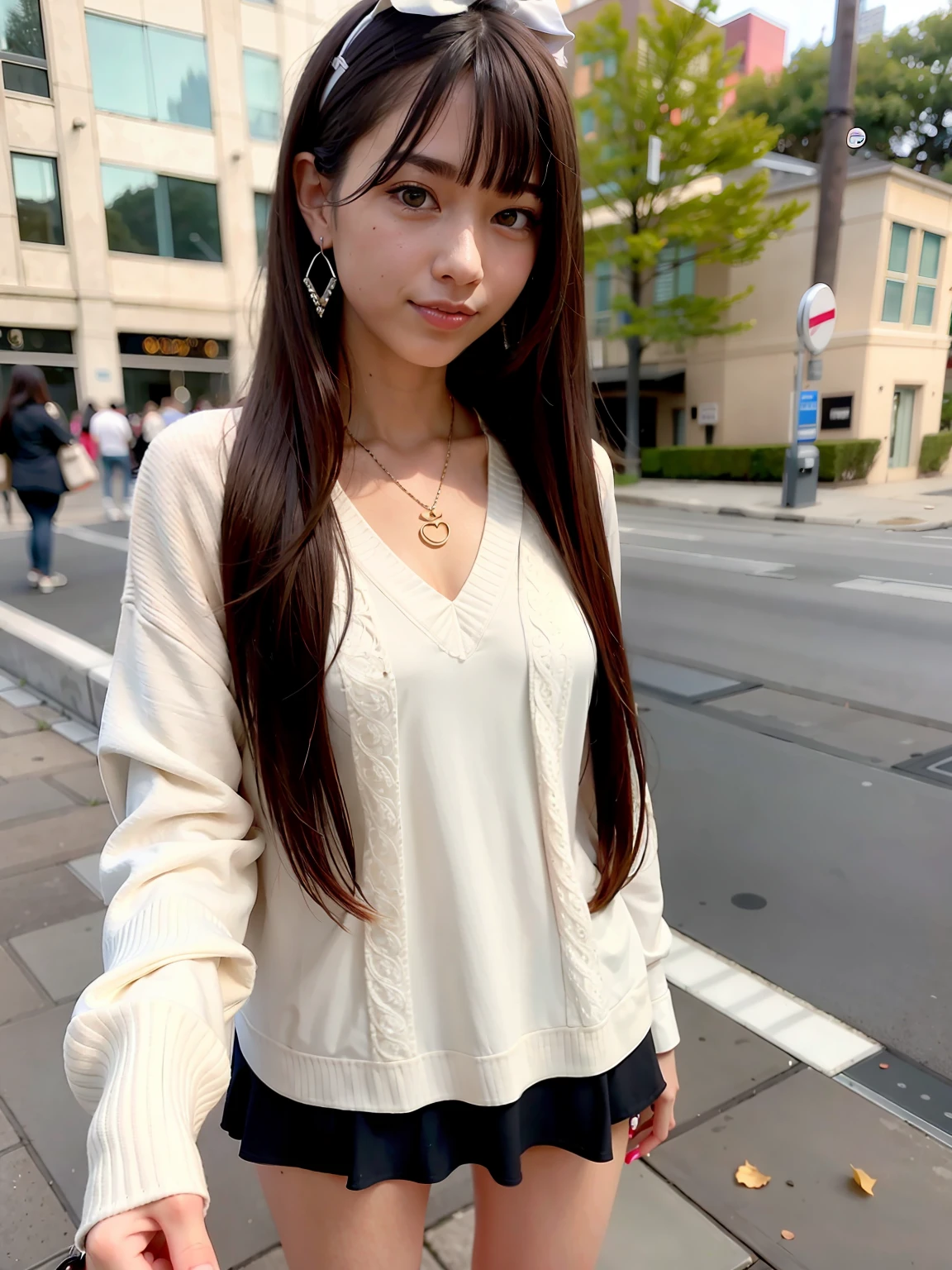 (fidelity: 1.4), girl, jewelry, looking at viewer, long hair, blurred, long legs, stockings, simple background, earrings, necklace, lips, hair band, ribbon, bangs, black eyes, realistic, brown eyes , outdoors, toothless smile, happy, cold white skin, long legs, wearing stockings, standing on the street, full body close-up, full body photo, height 1.7 meters, white skin, full body photo, panoramic close-up, smiling , with lower body, standing, simple background, blurred background, full legs, standing, two legs,