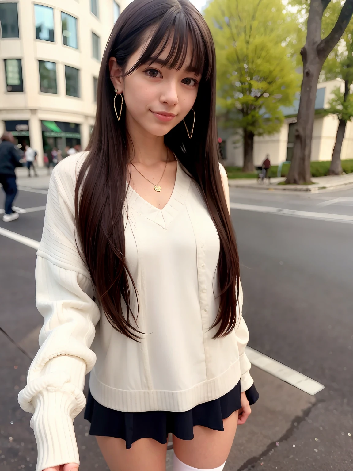 (fidelity: 1.4), girl, jewelry, looking at viewer, long hair, blurred, long legs, stockings, simple background, earrings, necklace, lips, hair band, ribbon, bangs, black eyes, realistic, brown eyes , outdoors, toothless smile, happy, cold white skin, long legs, wearing stockings, standing on the street, full body close-up, full body photo, height 1.7 meters, white skin, full body photo, panoramic close-up, smiling , with lower body, standing, simple background, blurred background,