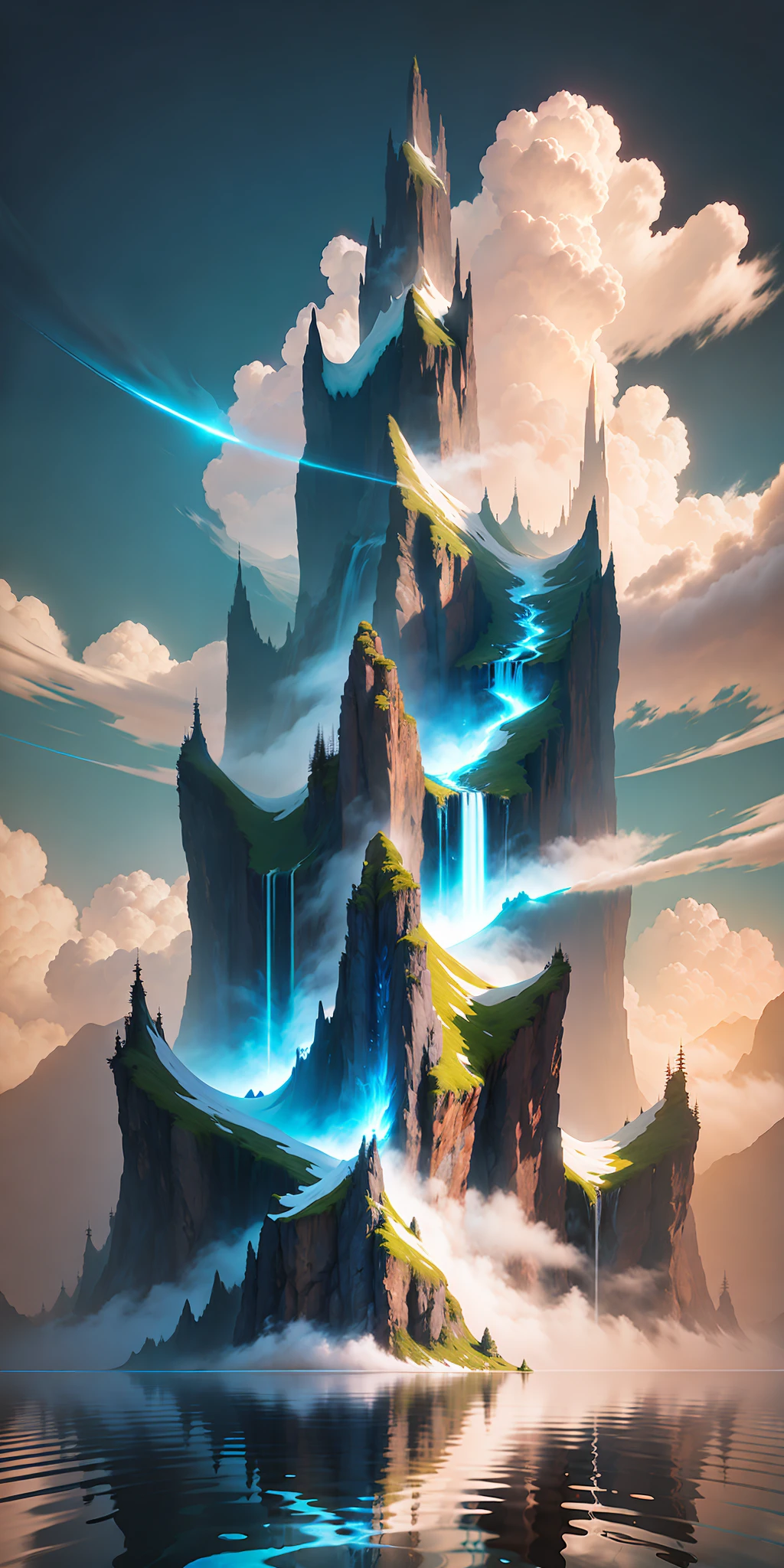 There is a waterfall flowing from a mountain in the ocean, perfect reflection, clear water, surrounded by clouds and mist, like a fairyland, extremely beautiful effect. It can be called a masterpiece of the world. A detailed matte painting inspired by Jessica Rossier, Artstation contest winner, detail enhancement, fantasy art, epic matte painting of an island, mountains, 4k highly detailed digital art, 4k vertical wallpaper, 4k vertical wallpaper, 4k detail fantasy, matte painting 4k 8k, 8k matte painting