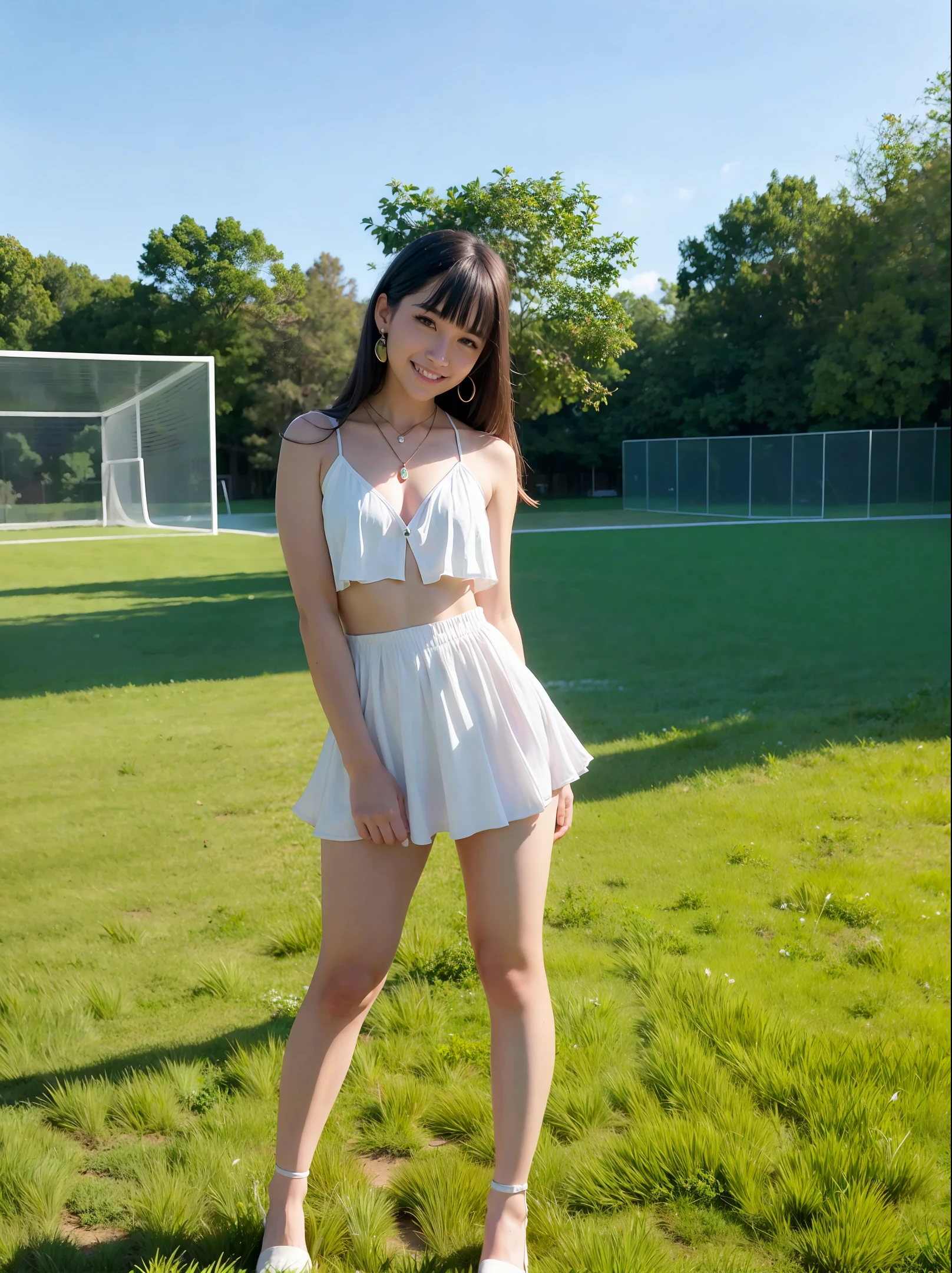 (fidelity: 1.4), girl, jewelry, looking at viewer, long hair, blurred, long legs, stockings, simple background, earrings, necklace, lips, hair band, ribbon, bangs, black eyes, realistic, brown eyes , outdoors, toothless smile, happy, cool white skin, long legs, wearing stockings, full body close-up, full body photo, height 1.7 meters, white skin, full body photo, panoramic close-up, smiling, with lower body, standing , simple background, blurred background, football field in the background, frontal shot, calf visible, football field with green grass,