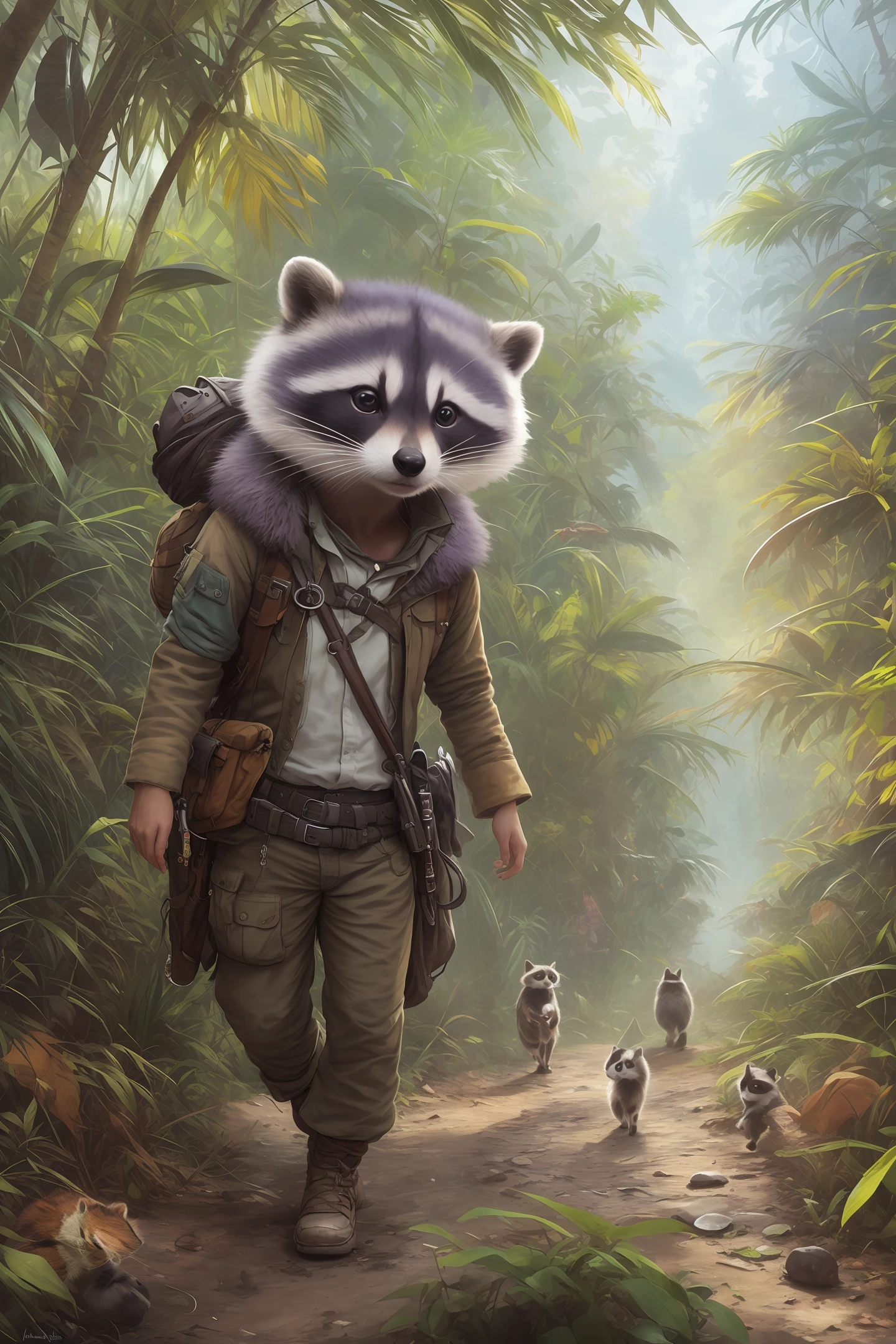 cute adventurous raccoon walking through wild colorful jungle, oversaturated, jean-baptiste monge, gilles beloyle, tyler edlin, marek okon, pixar, 8k, album cover, comic style, golden ratio, perfect composition, masterpiece, artstation trends, purple wool