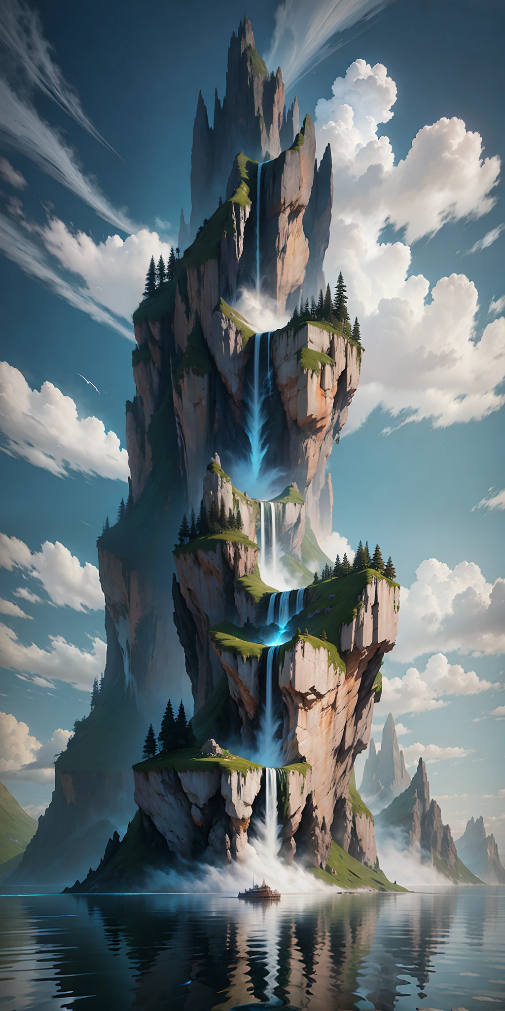 There is a waterfall flowing from a mountain in the ocean, perfect reflections, clear water, a fine matte painting inspired by Jessica Rossier, Artstation competition winner, fantasy art, detail enhancement, perfect detail. Epic matte painting of an island, high mountains, 4k highly detailed digital art, 4k vertical wallpaper, 4k vertical wallpaper, 4k detail fantasy, matte painting 4k 8k, 8k matte painting