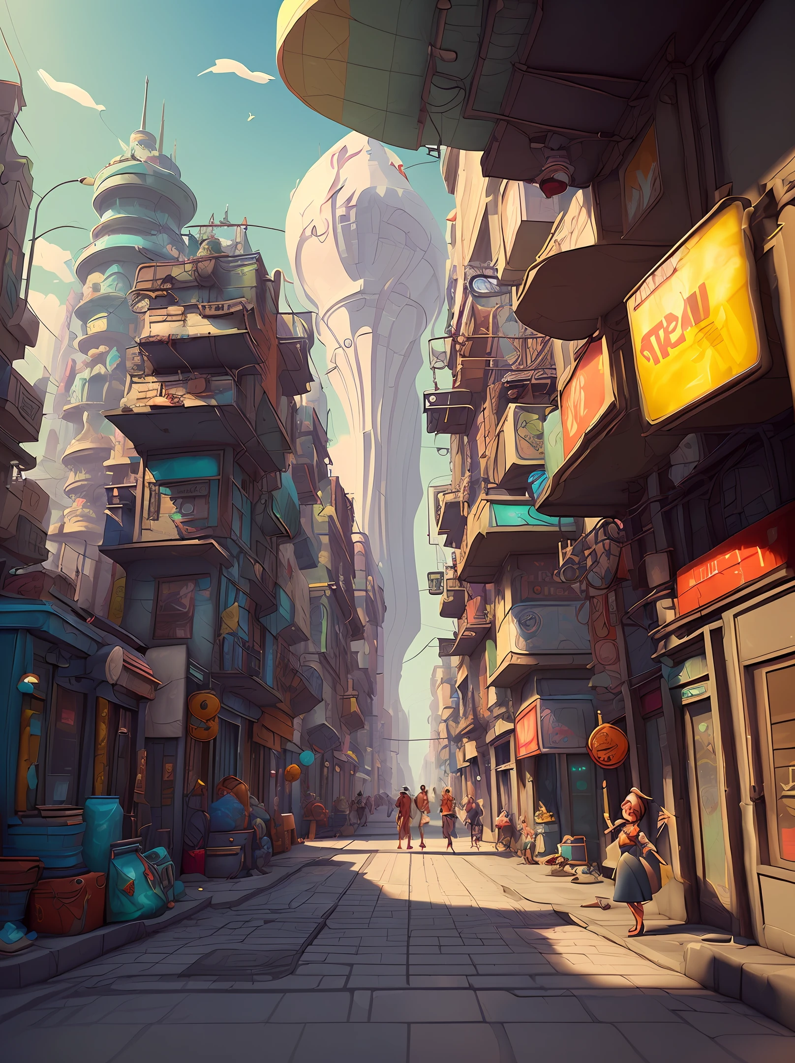 (( Stylized image animation fantasy artwork of street scene with 2.5d cgi)), beautiful 3D concept art