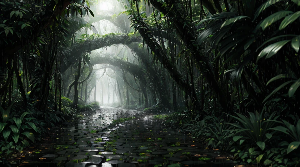 Jungle, with heavy rains, monochrome, vines around, giant and wet trees, masterpiece, best quality, high quality, extremely detailed CG unity 8k wallpaper, oil painting, award-winning photography, bokeh, depth of field, HDR, bloom, chromatic aberration , photorealistic, extremely detailed, popular on artstation, popular in CGsociety, complex, high detail, dramatic, art in the middle of the path, volumetric lighting. Image size: 960x536