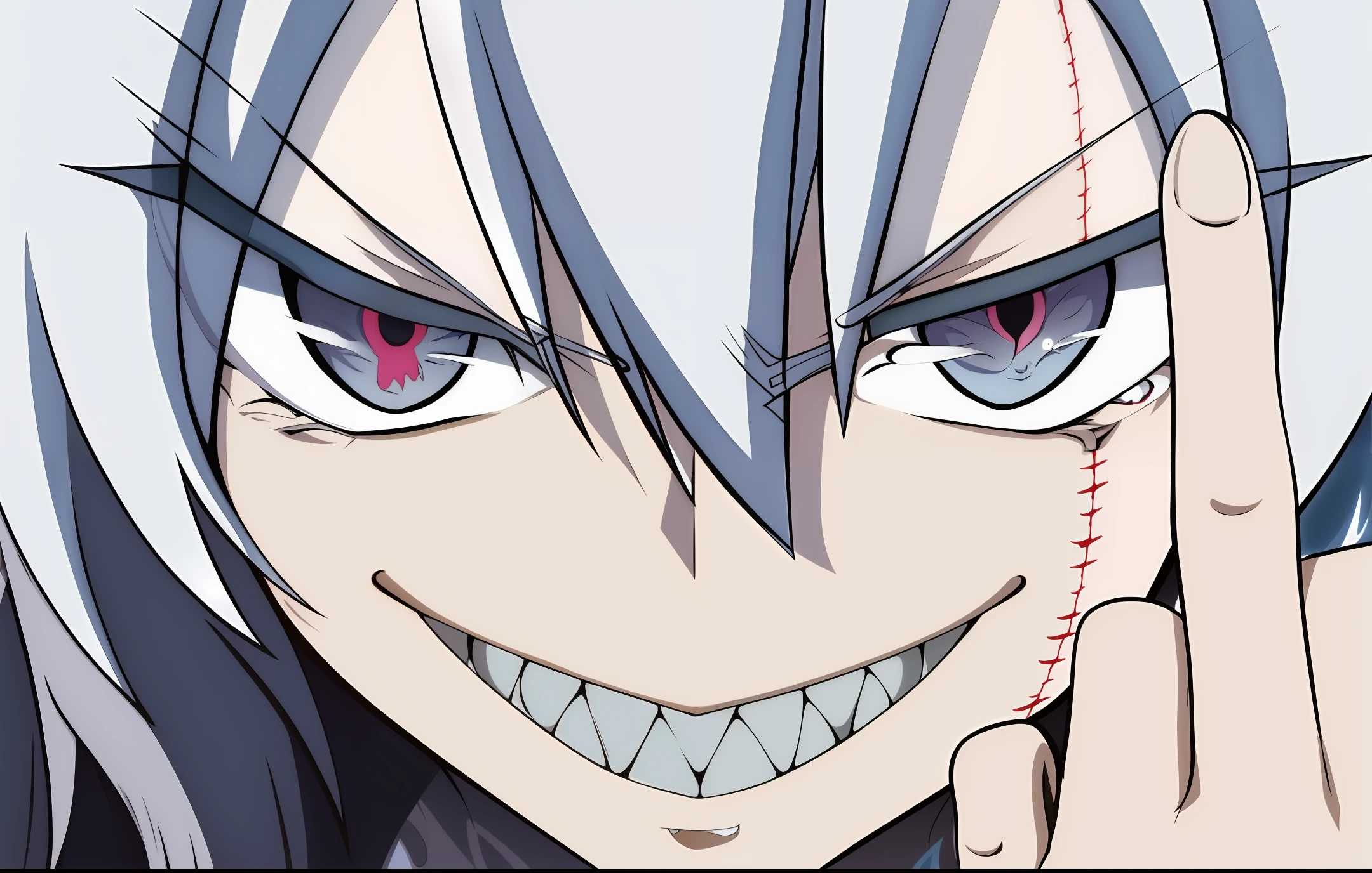 anime character with white hair and blue eyes making a face, evil grin, 2 d anime, nefarious smirk, highly detailed angry anime face, [[[[grinning evily]]]], 2 d anime style, wide evil grin, grinning lasciviously, grinning sinisterly, giddy smirk, roguish smirk