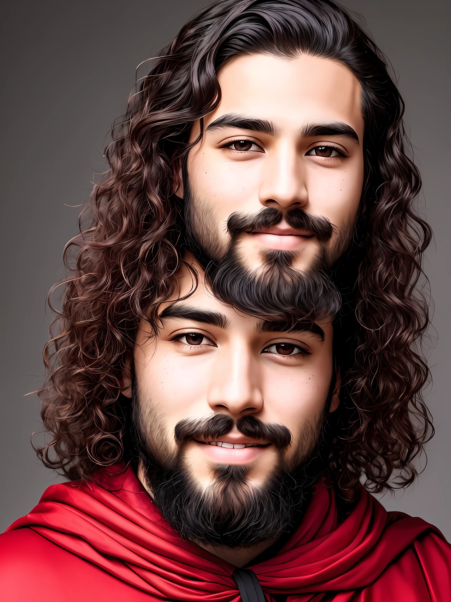 A young-looking man, good-looking, his face is like a shining star, his face is shining, the forehead is clear, the hair has receded from his forehead and thinned on both sides, the forehead is clear, the nose is long, the fineness of the ears, the color is an Arab color, and the body is an Israeli body, its color is white tinged with red, the face is full of beauty, Full body, good hair, curly hair, his hair flowing down to his shoulders, with open teeth, the light of his face is above the blackness of his beard and head, on his right cheek is a black mole, Beautiful black cloak.
