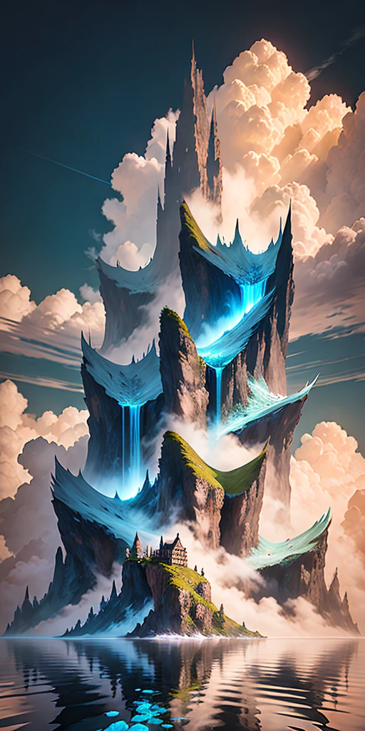 There is a waterfall flowing from a mountain in the ocean, perfect reflection, clear water, surrounded by clouds and mist, like a fairyland, extremely beautiful effect. It can be called a masterpiece of the world. A detailed matte painting inspired by Jessica Rossier, Artstation contest winner, detail enhancement, fantasy art, epic matte painting of an island, mountains, 4k highly detailed digital art, 4k vertical wallpaper, 4k vertical wallpaper, 4k detail fantasy, matte painting 4k 8k, 8k matte painting