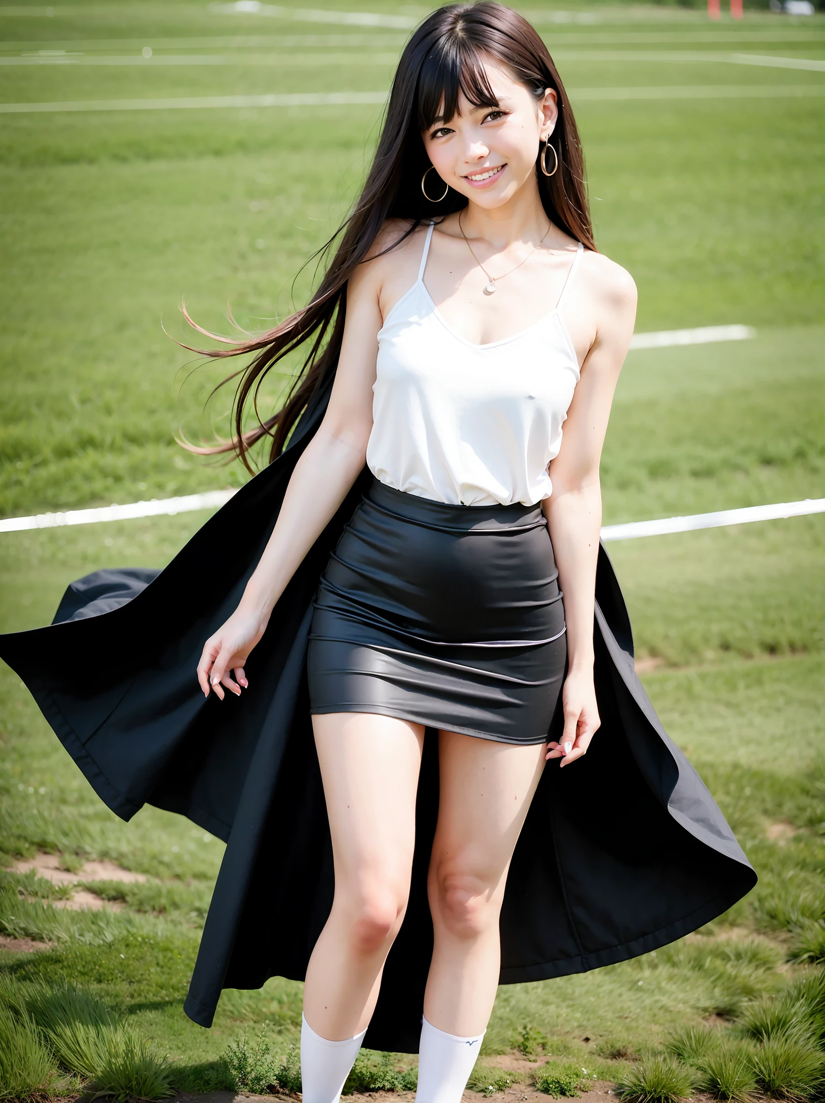 (fidelity: 1.4), girl, jewelry, looking at viewer, long hair, blurred, long legs, stockings, simple background, earrings, necklace, lips, hair band, ribbon, bangs, black eyes, realistic, brown eyes , outdoors, toothless smile, happy, cool white skin, long legs, wearing stockings, full body close-up, full body photo, height 1.7 meters, white skin, full body photo, panoramic close-up, smiling, with lower body, standing , simple background, blurred background, football field in the background, frontal shot, calf visible, football field with green grass,